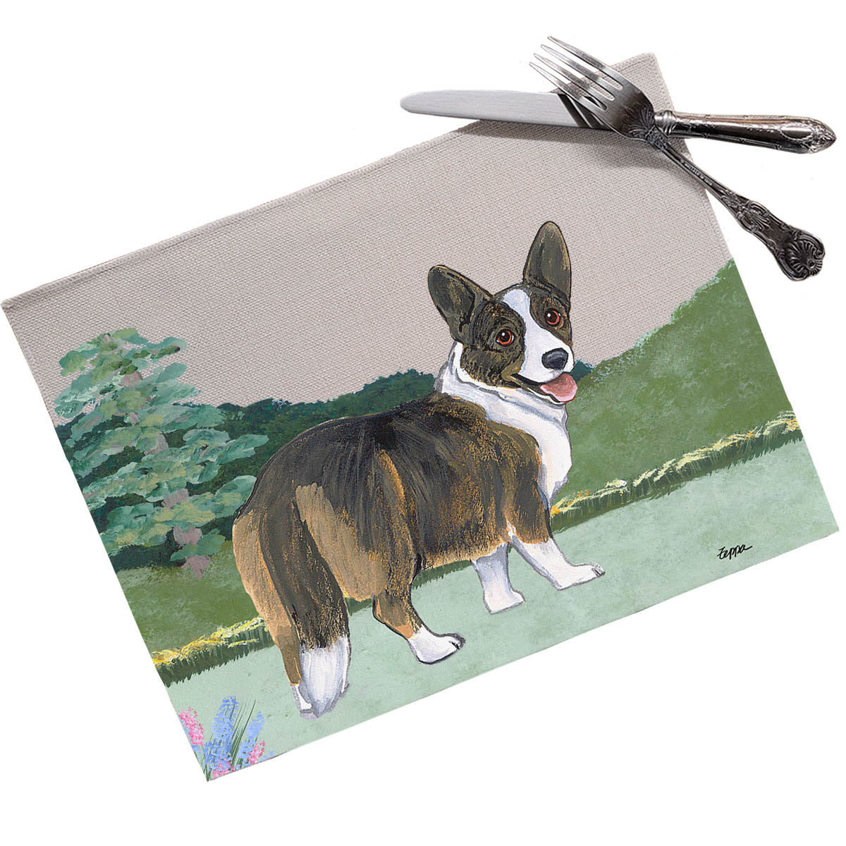 Brindle Welsh Corgi Cardigan design on a set of linen placemats.