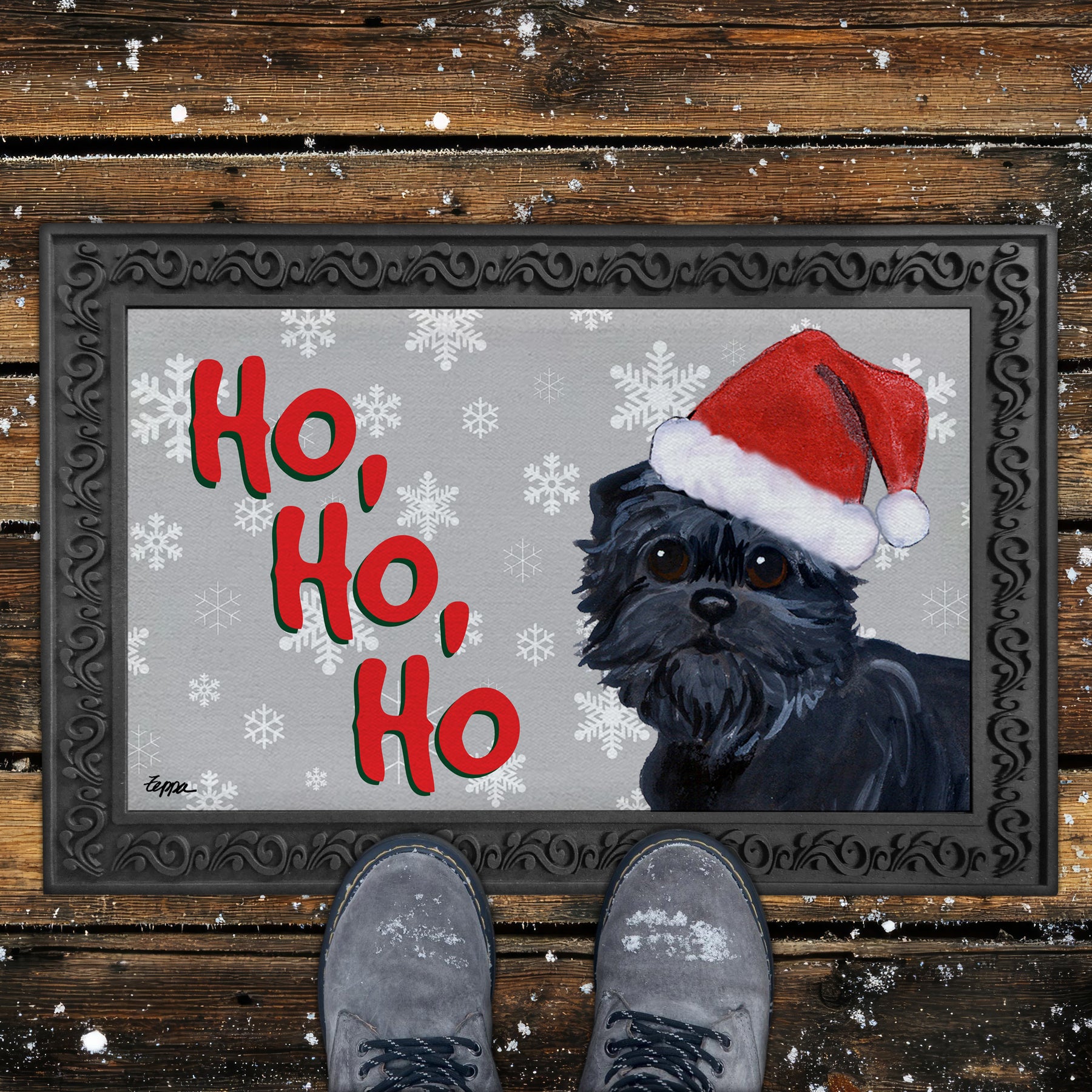 Affenpinscher Ho Ho Ho Door Mat in Grey