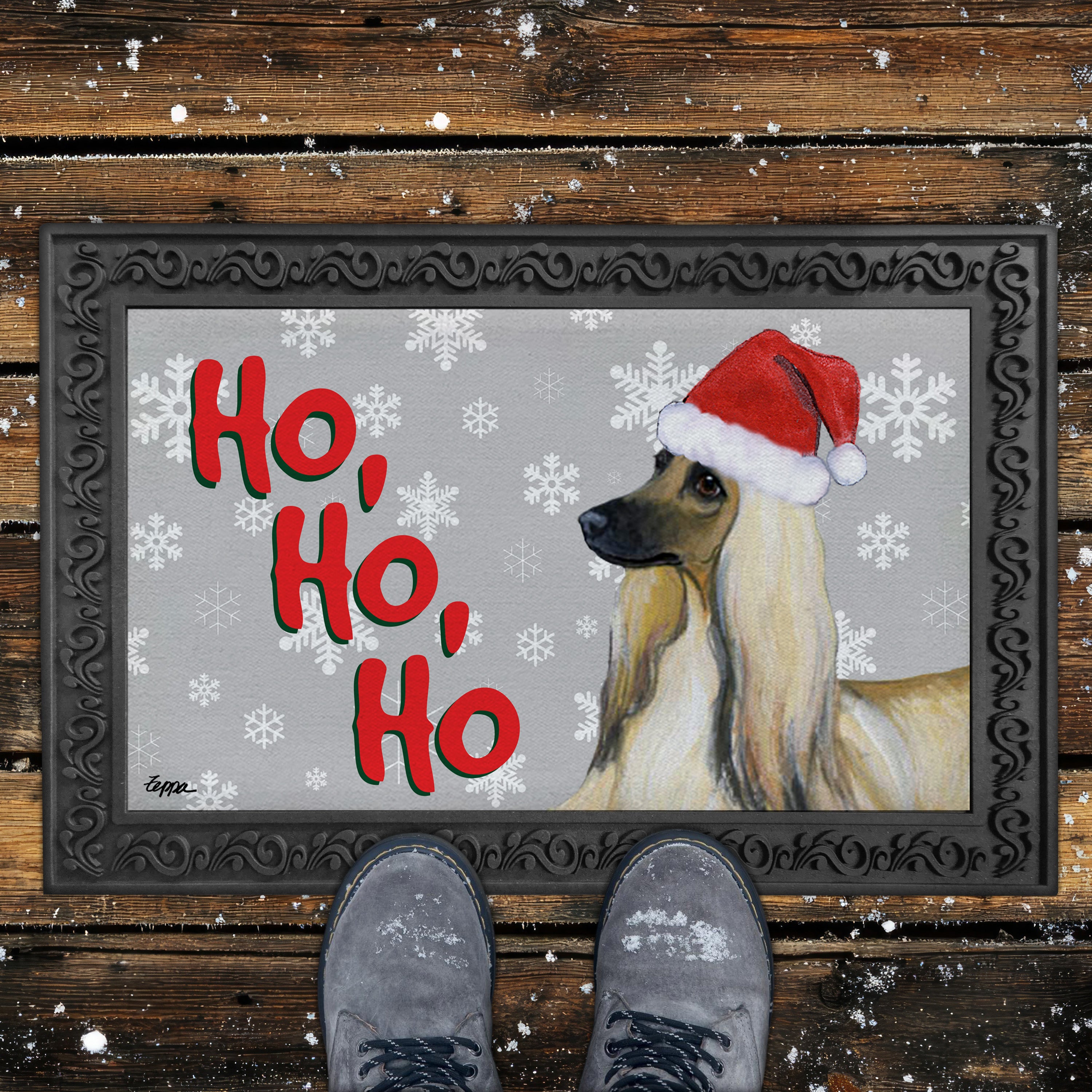 Afghan Hound Ho Ho Ho Door Mat in Grey