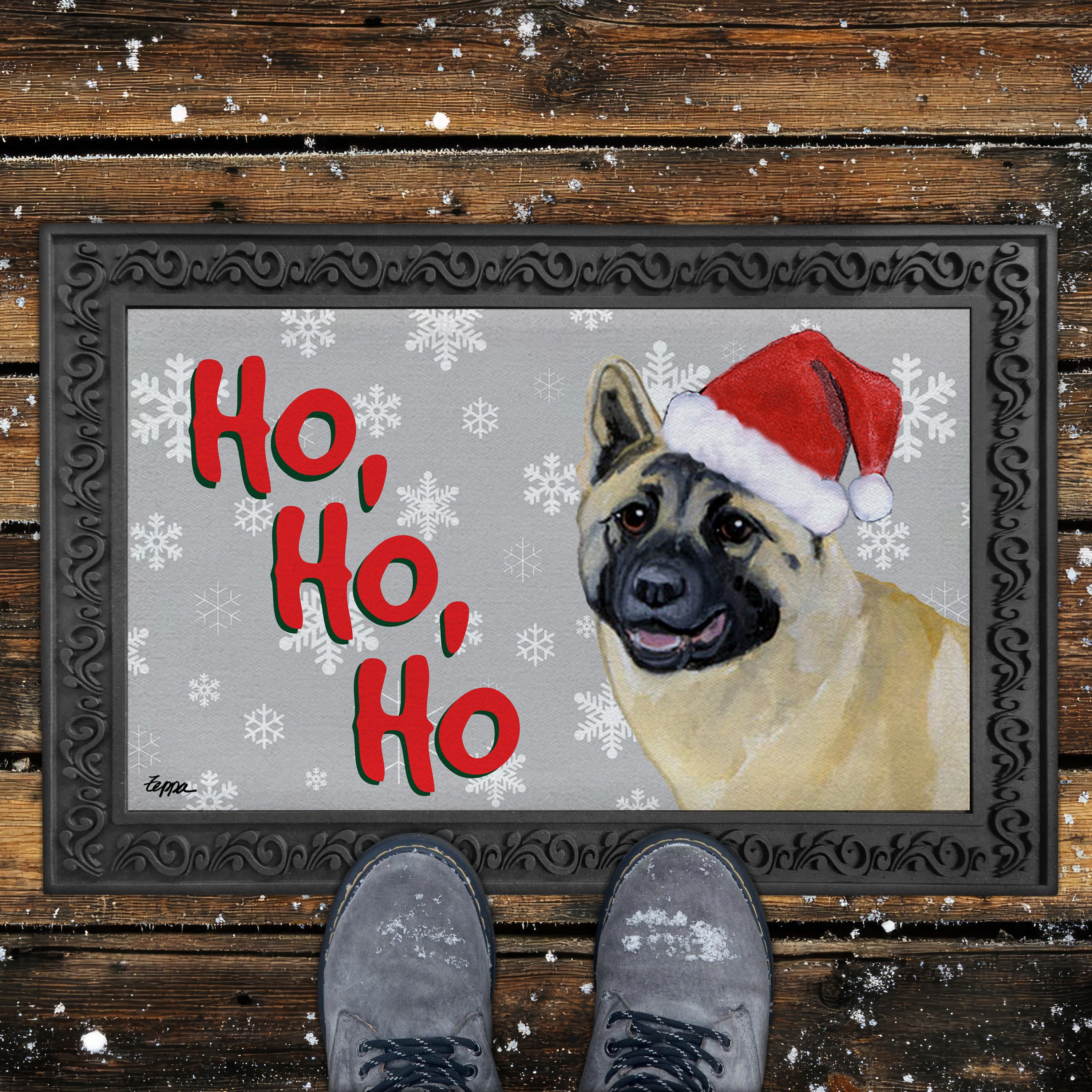 Akita Ho Ho Ho Door Mat in Grey