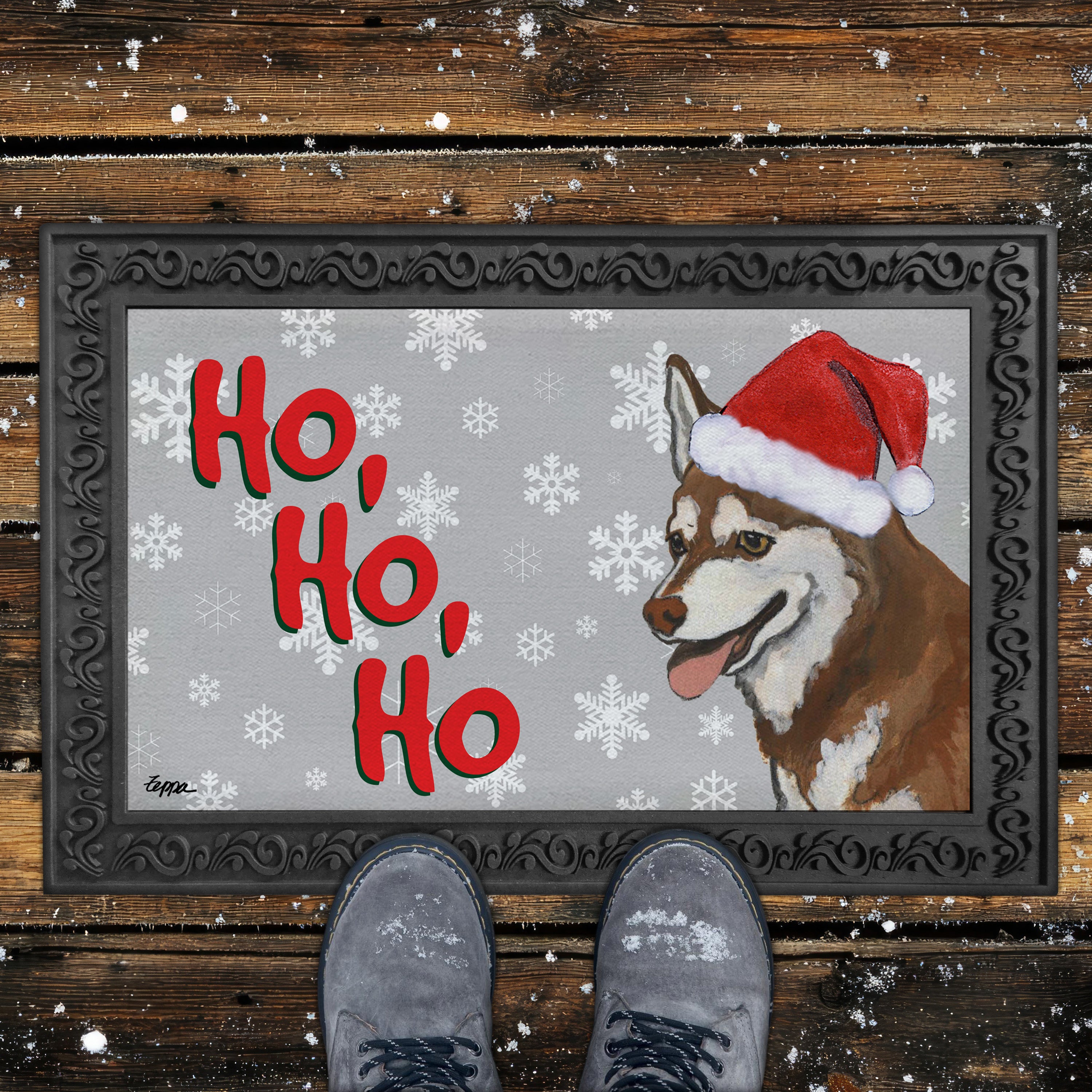 Alaska Klee Kai Ho Ho Ho Door Mat in Grey