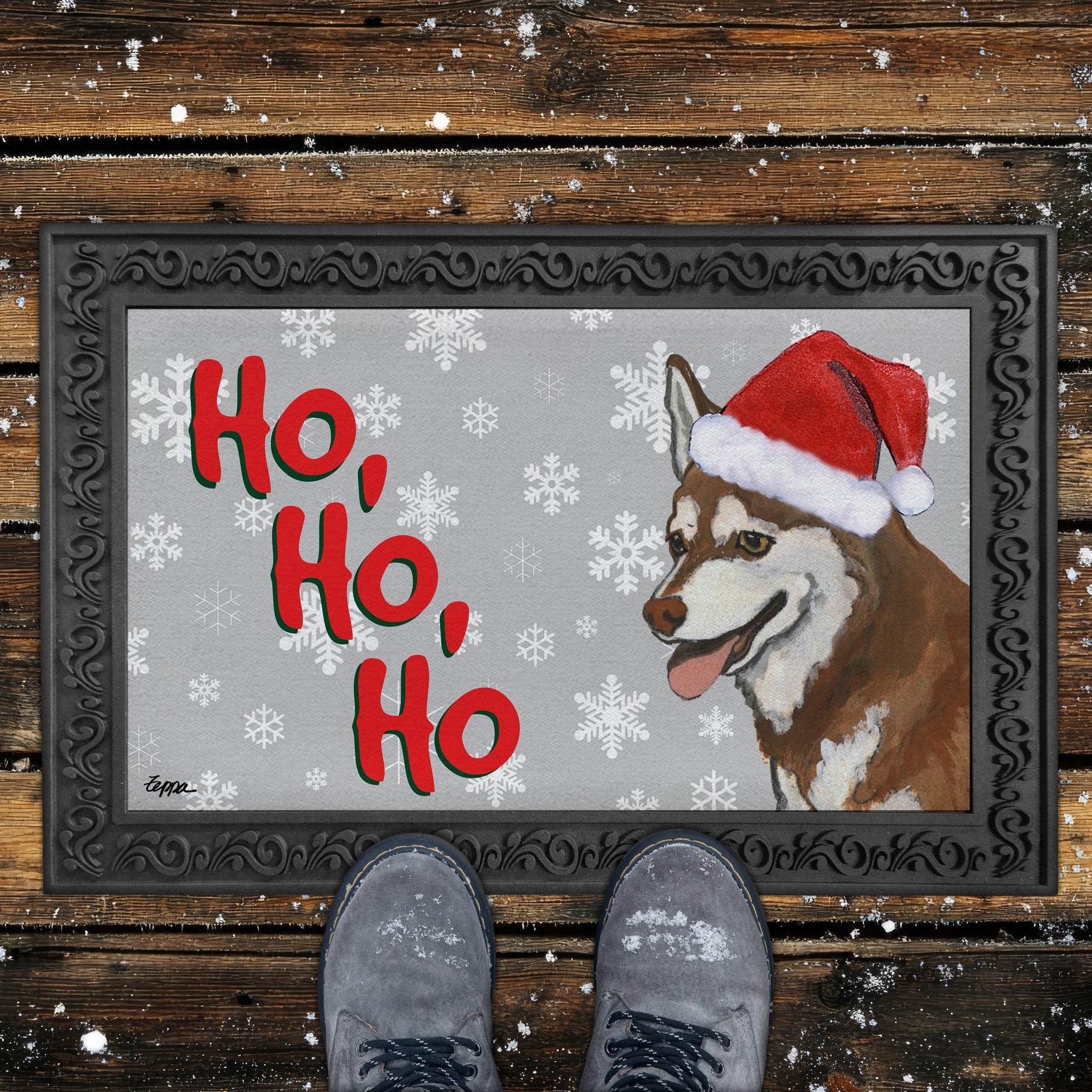 Alaska Klee Kai Ho Ho Ho Door Mat in Grey