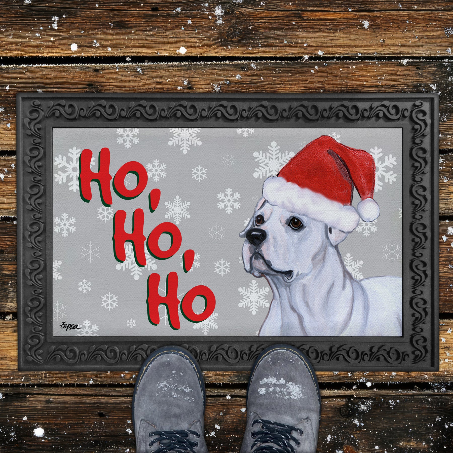 American Bulldog Ho Ho Ho Door Mat in Grey