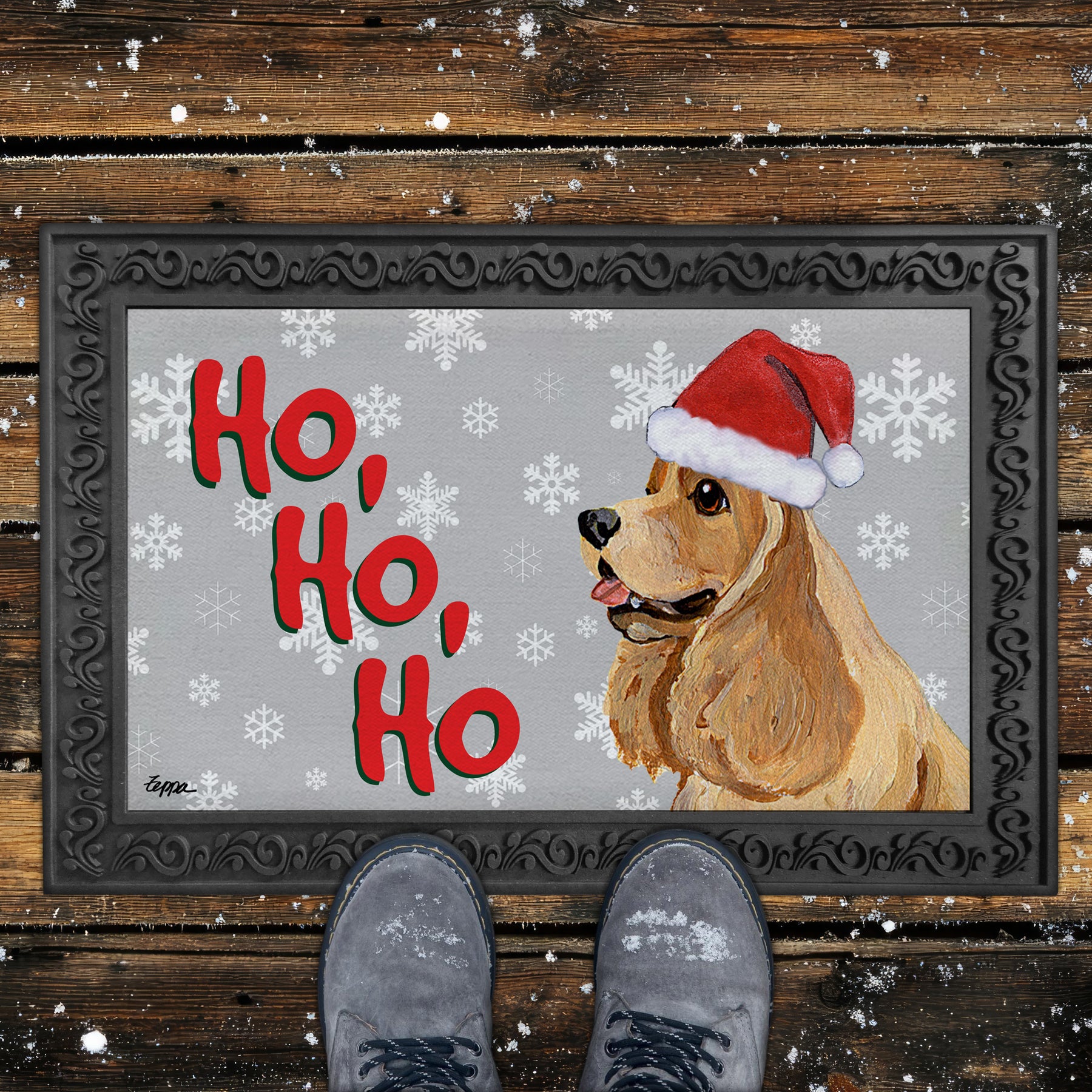 American Cocker Ho Ho Ho Door Mat in Grey