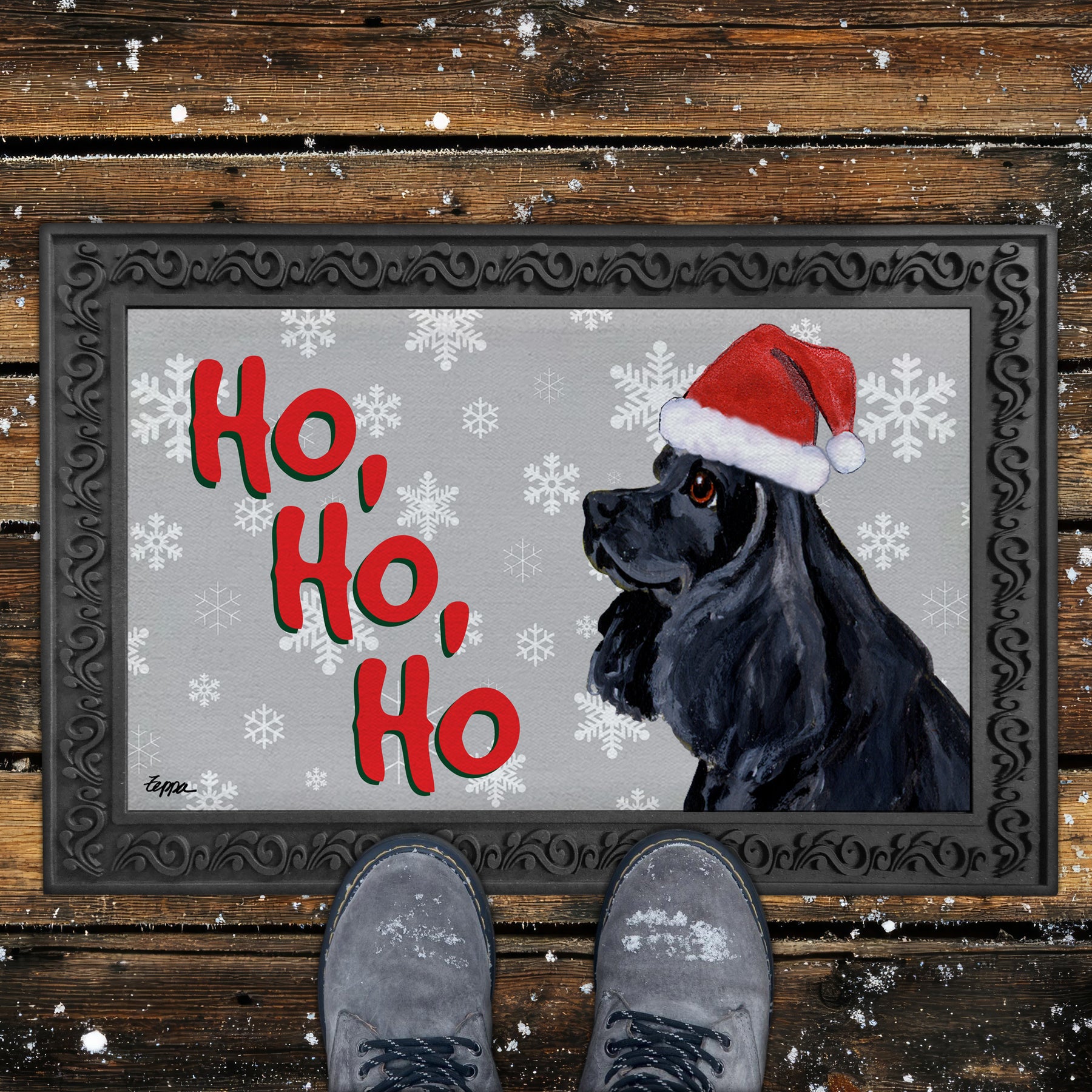 Black American Cocker Ho Ho Ho Door Mat in Grey