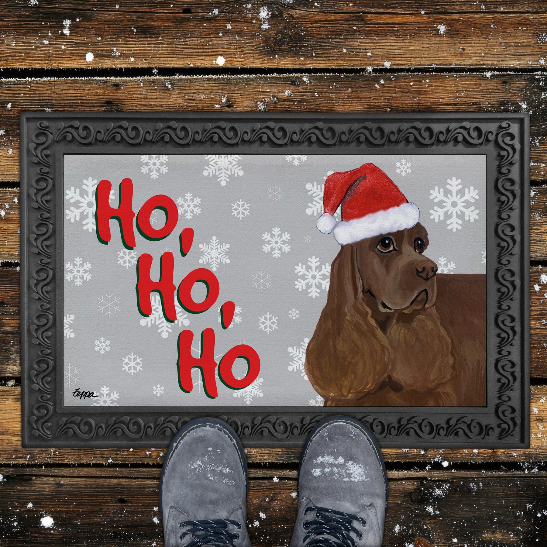 Chocolate American Cocker Ho Ho Ho Door Mat in Grey