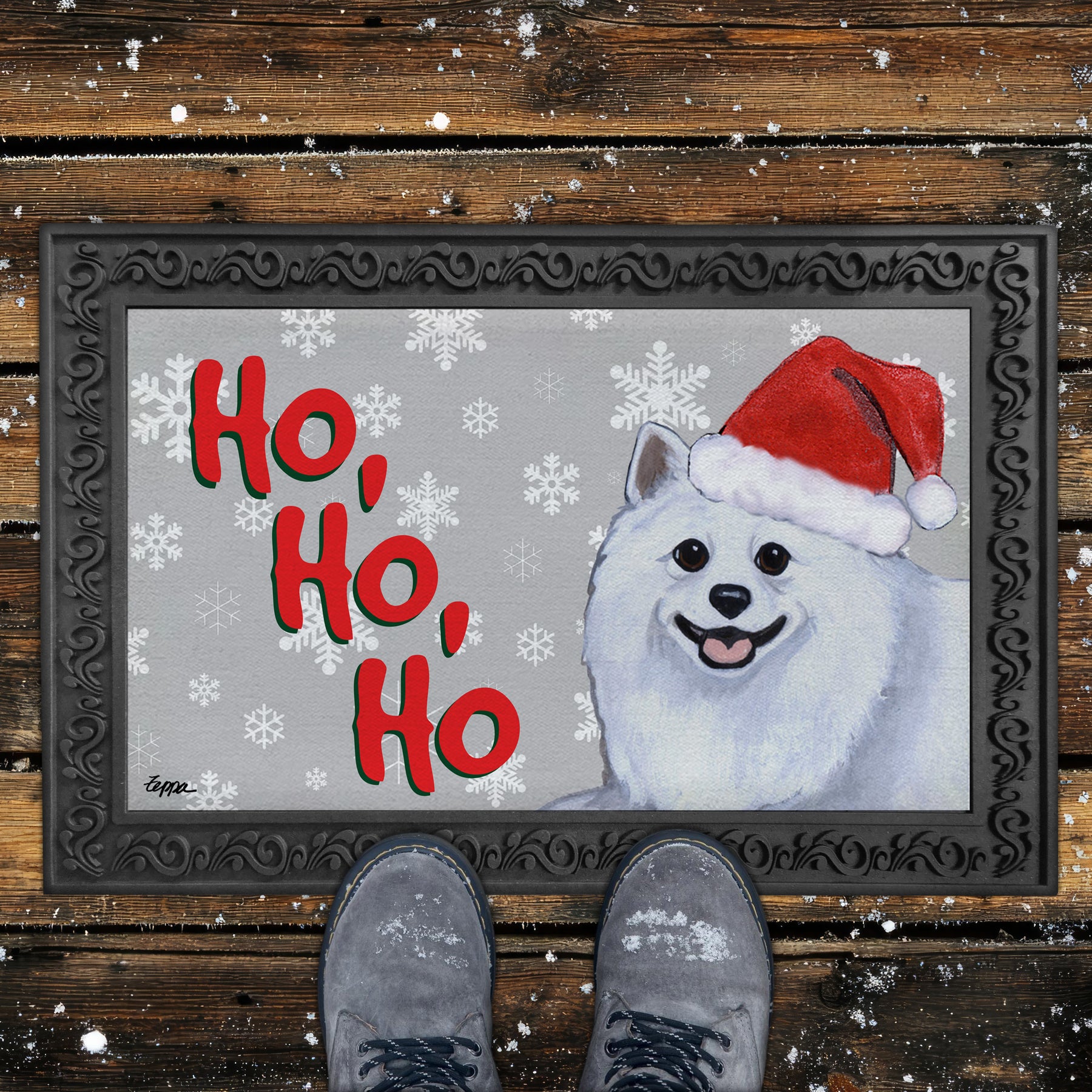 American Eskimo Ho Ho Ho Door Mat in Grey