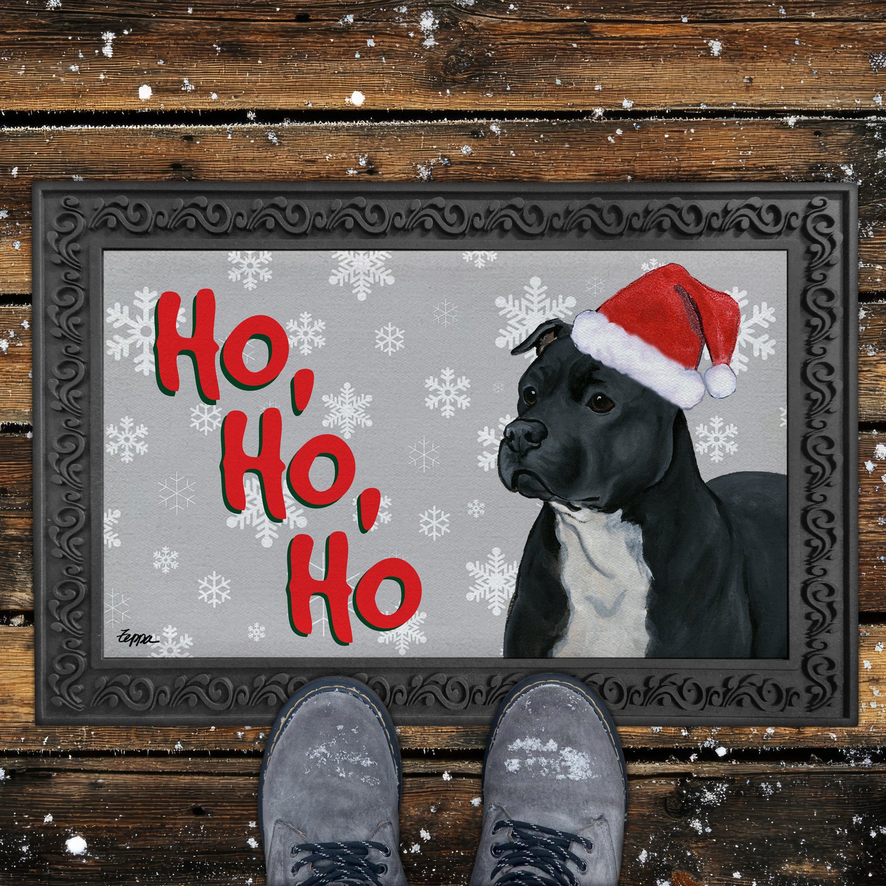 Black Pitbull Ho Ho Ho Doormat in Grey