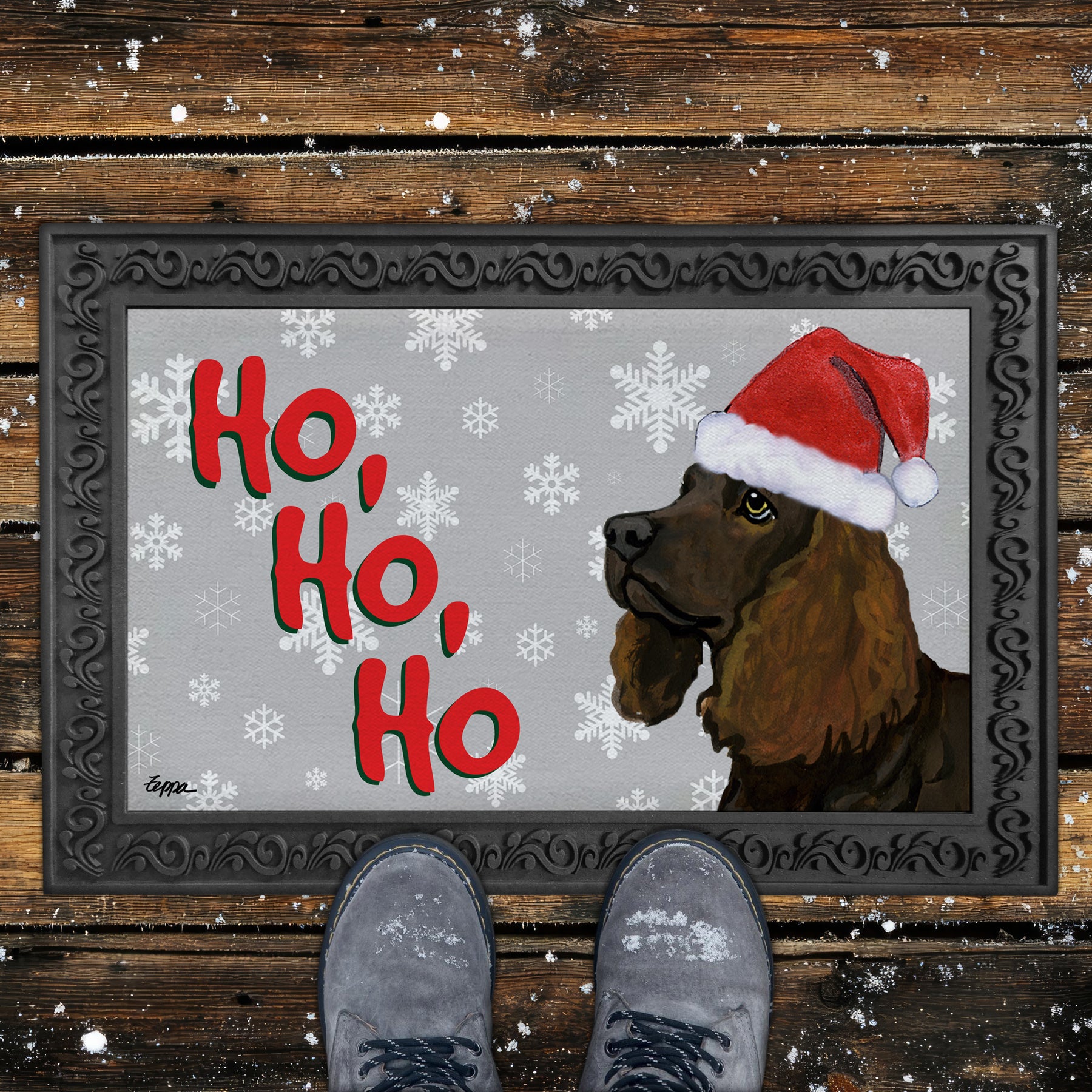 American Water Spaniel Ho Ho Ho Door Mat in Grey