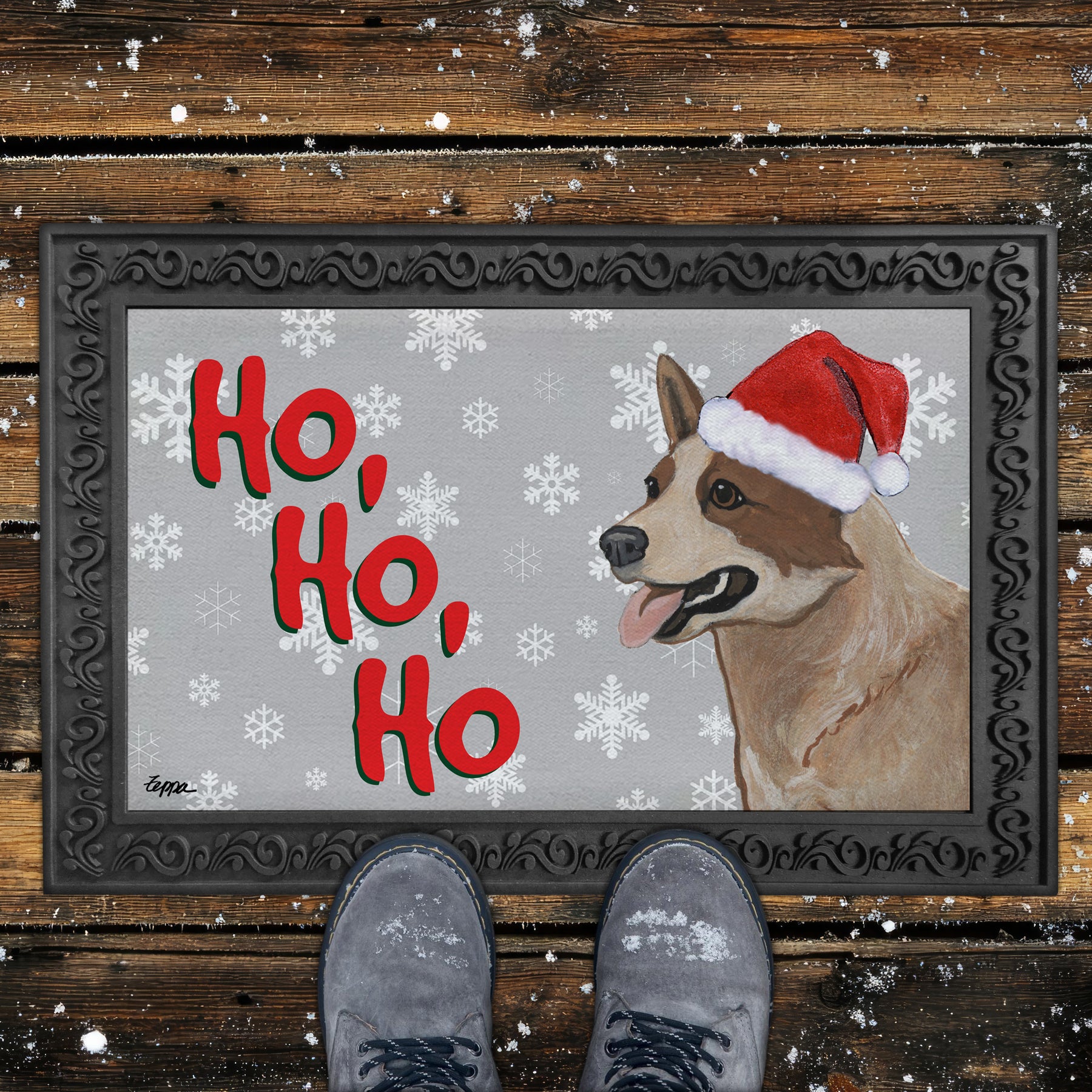 Red Australian Cattle Dog Ho Ho Ho Door Mat in Grey