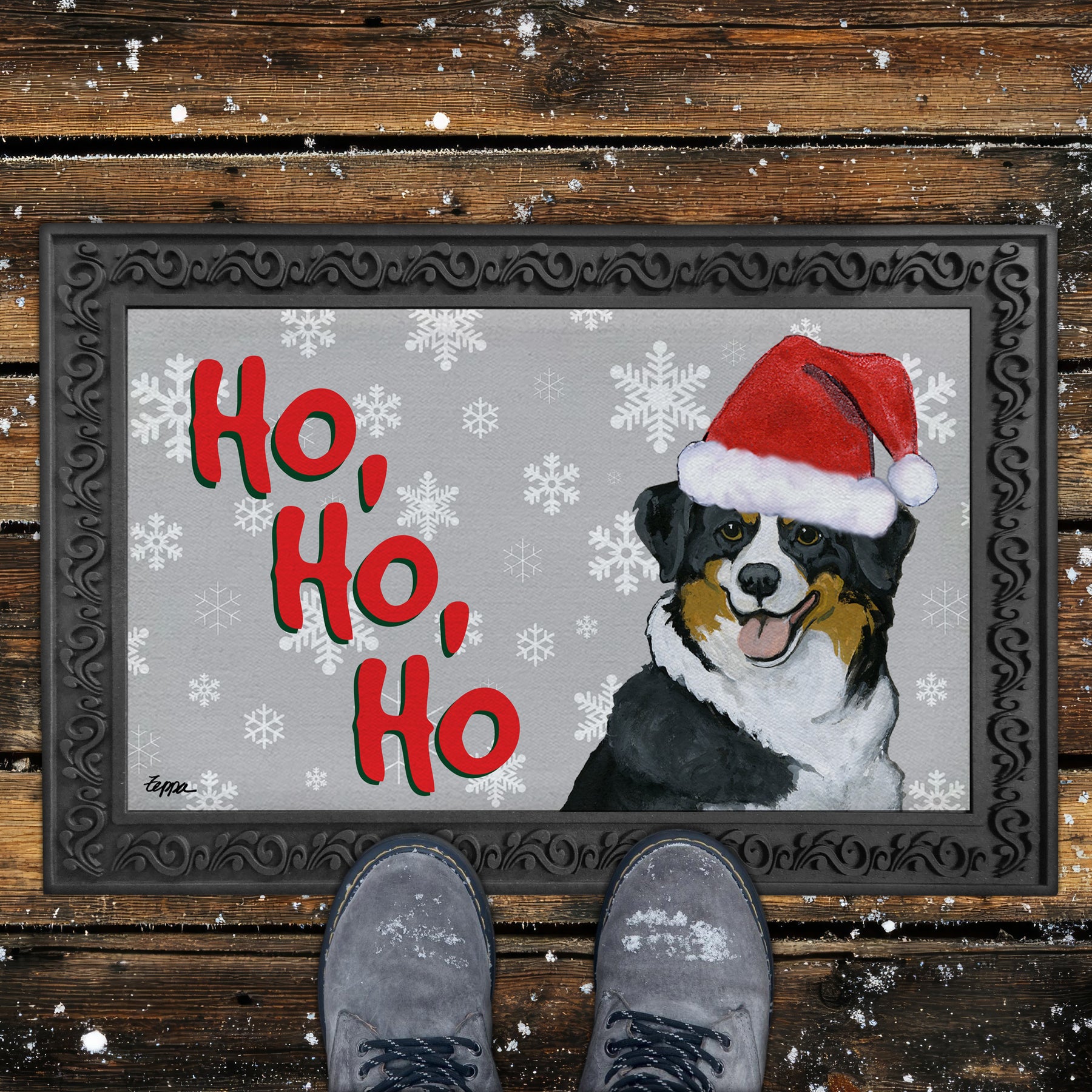 Back Tri Australian Shepherd Ho Ho Ho Door Mat in Grey