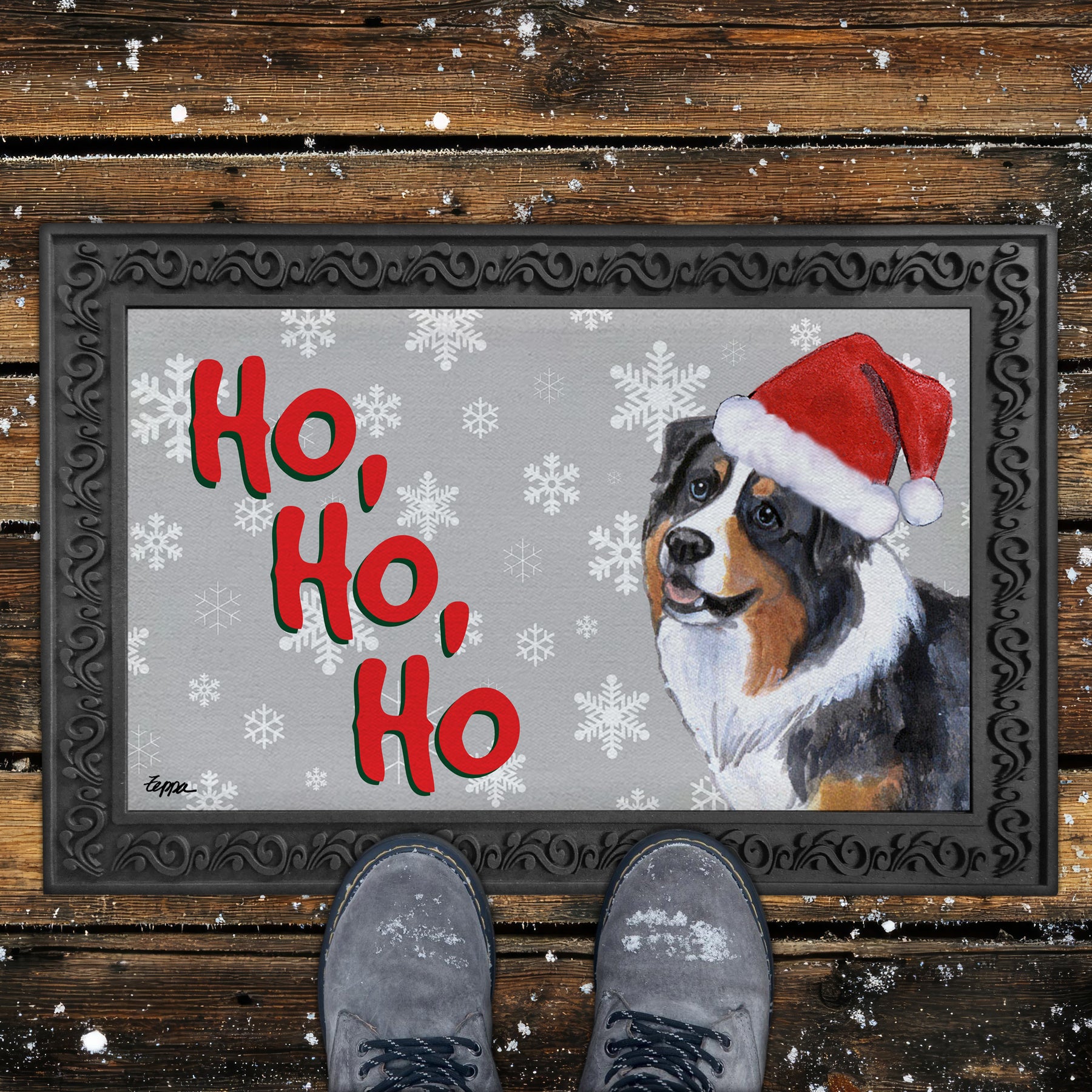 Australian Shepherd Ho Ho Ho Door Mat in Grey