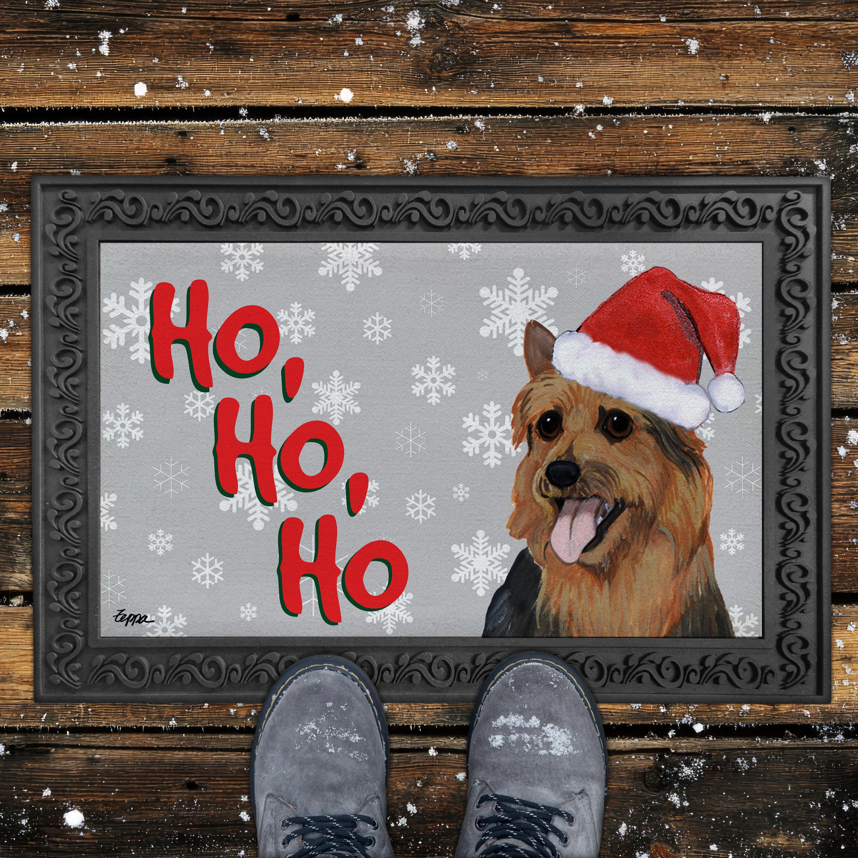 Australian Terrier Ho Ho Ho Door Mat in Grey