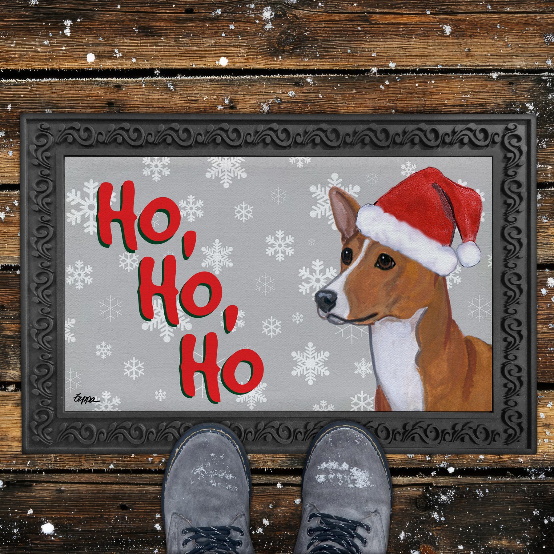 Basenji Ho Ho Ho Door Mat in Grey