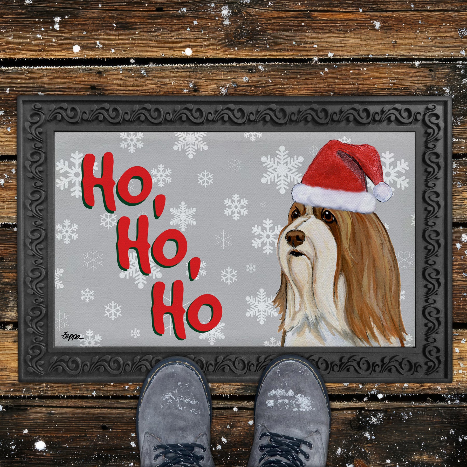 Brown and White Bearded Collie Ho Ho Ho Door Mat in Grey