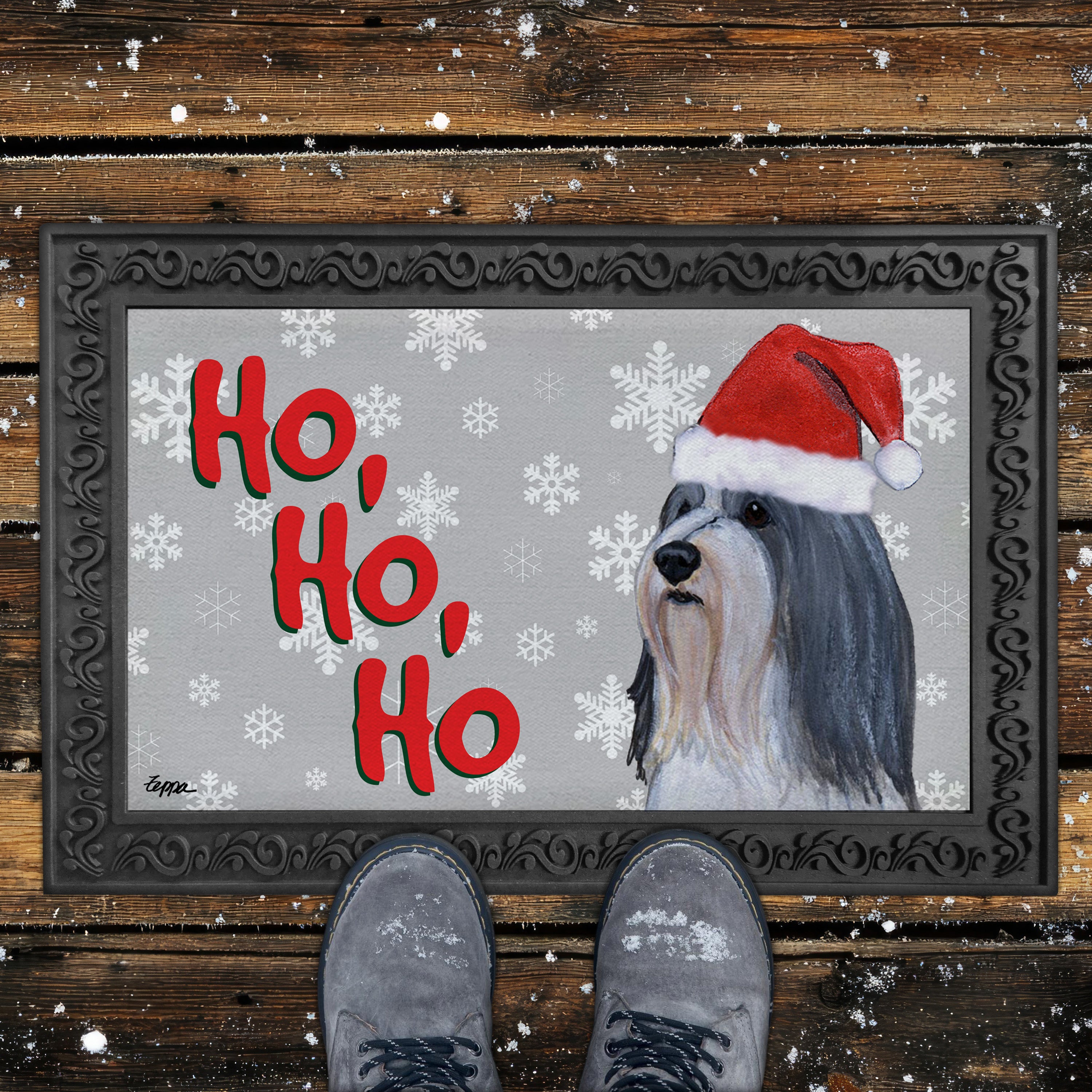 Bearded Collie Ho Ho Ho Door Mat in Grey