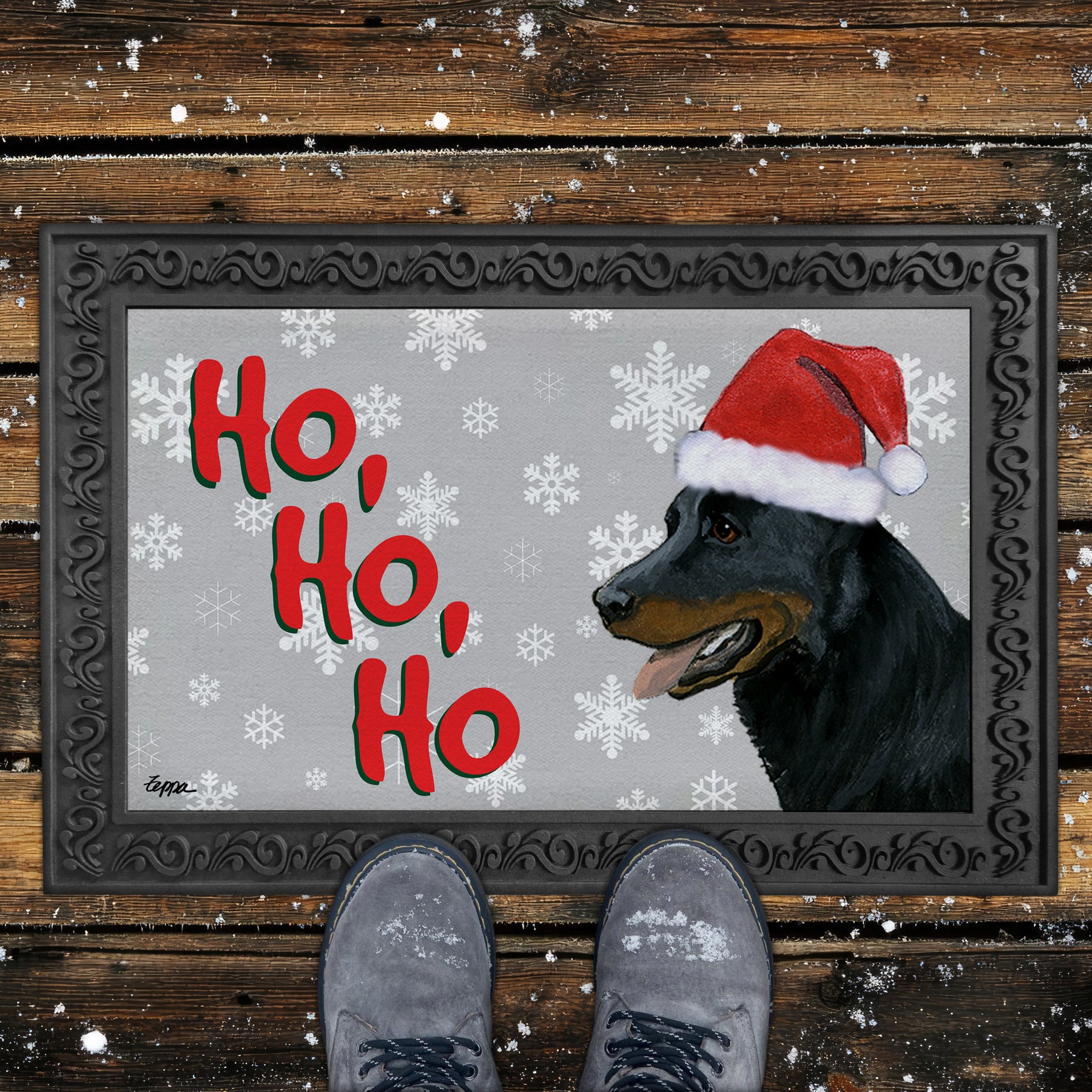 Beauceron Ho Ho Ho Door Mat in Grey