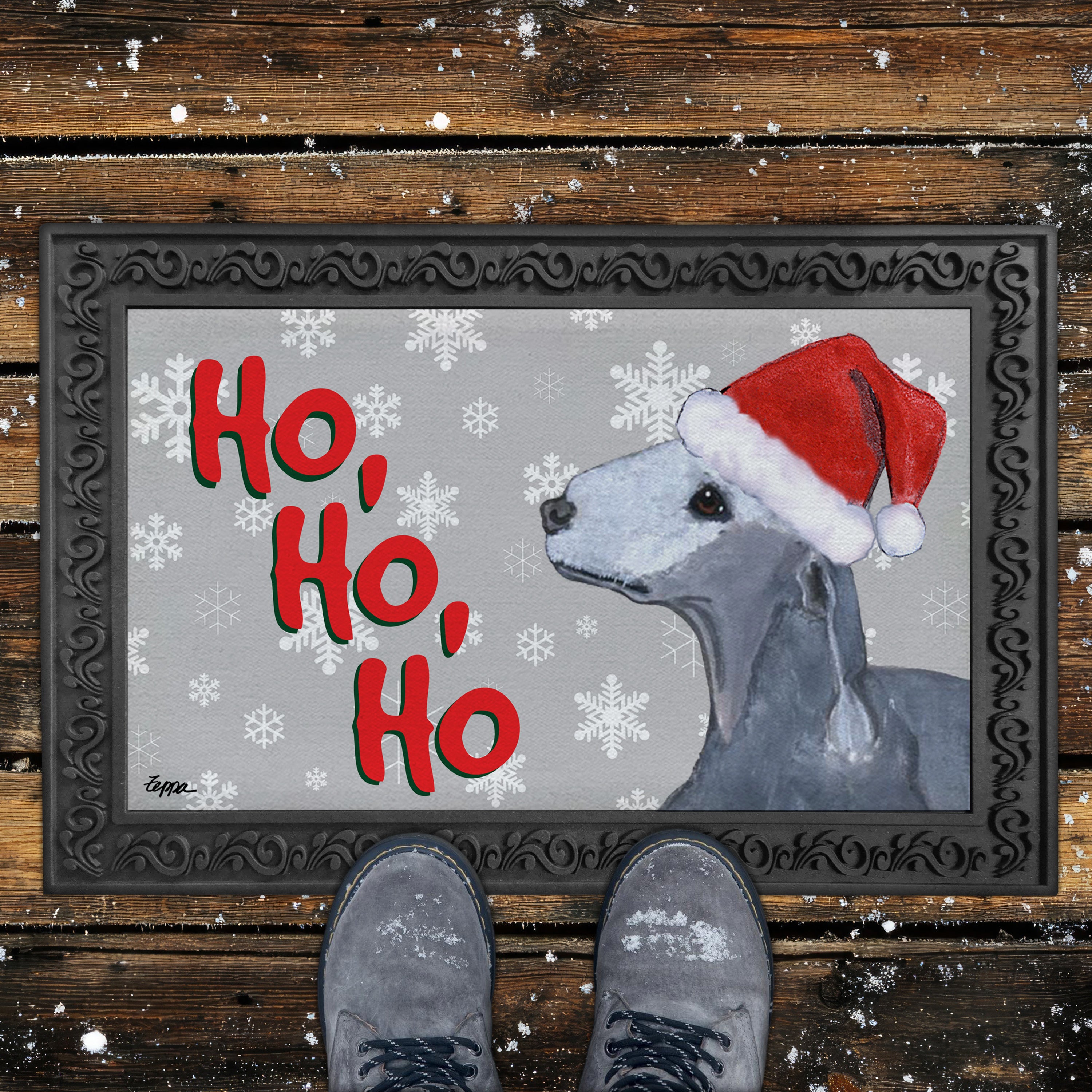 Bedlington Terrier Ho Ho Ho Door Mat in Grey
