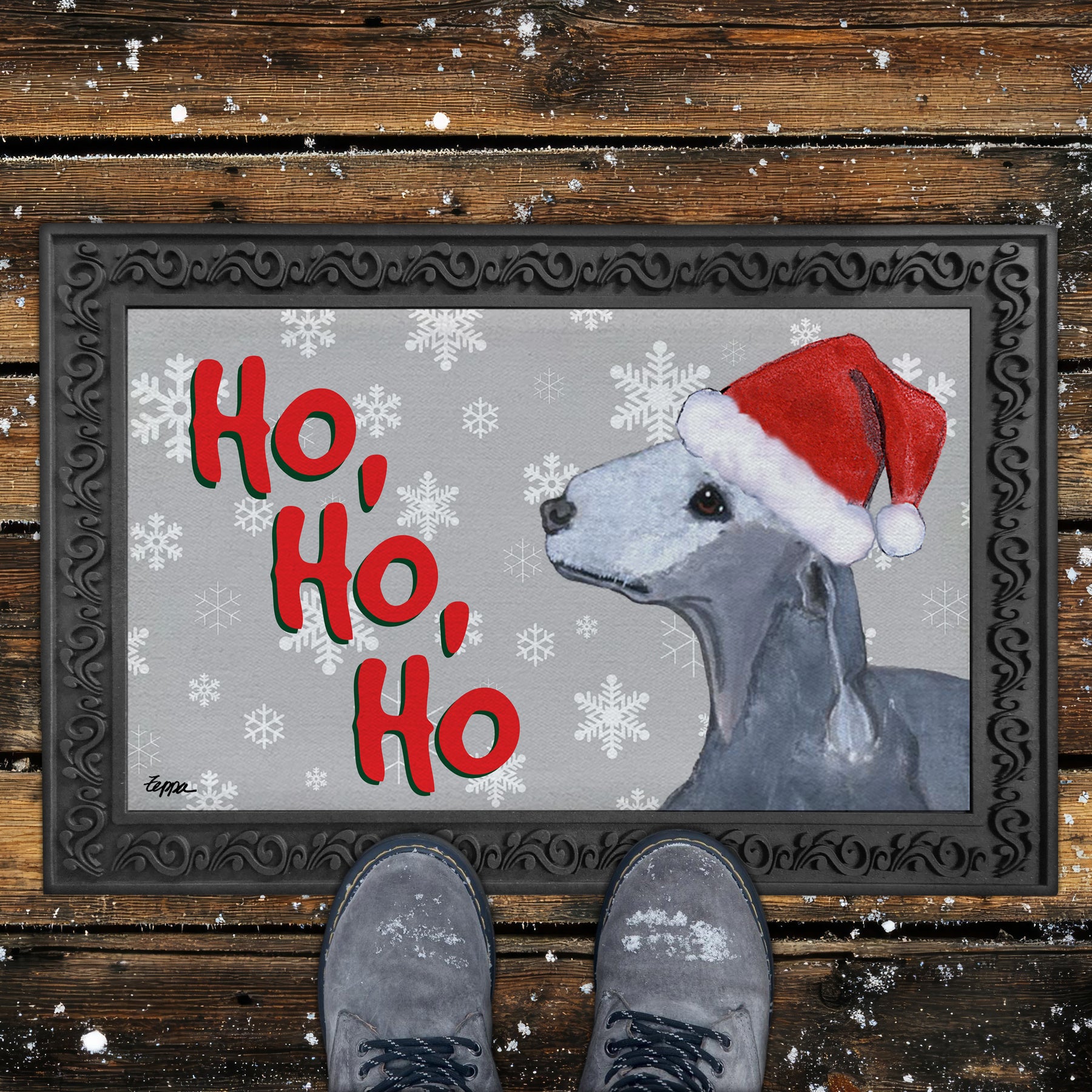 Bedlington Terrier Ho Ho Ho Door Mat in Grey