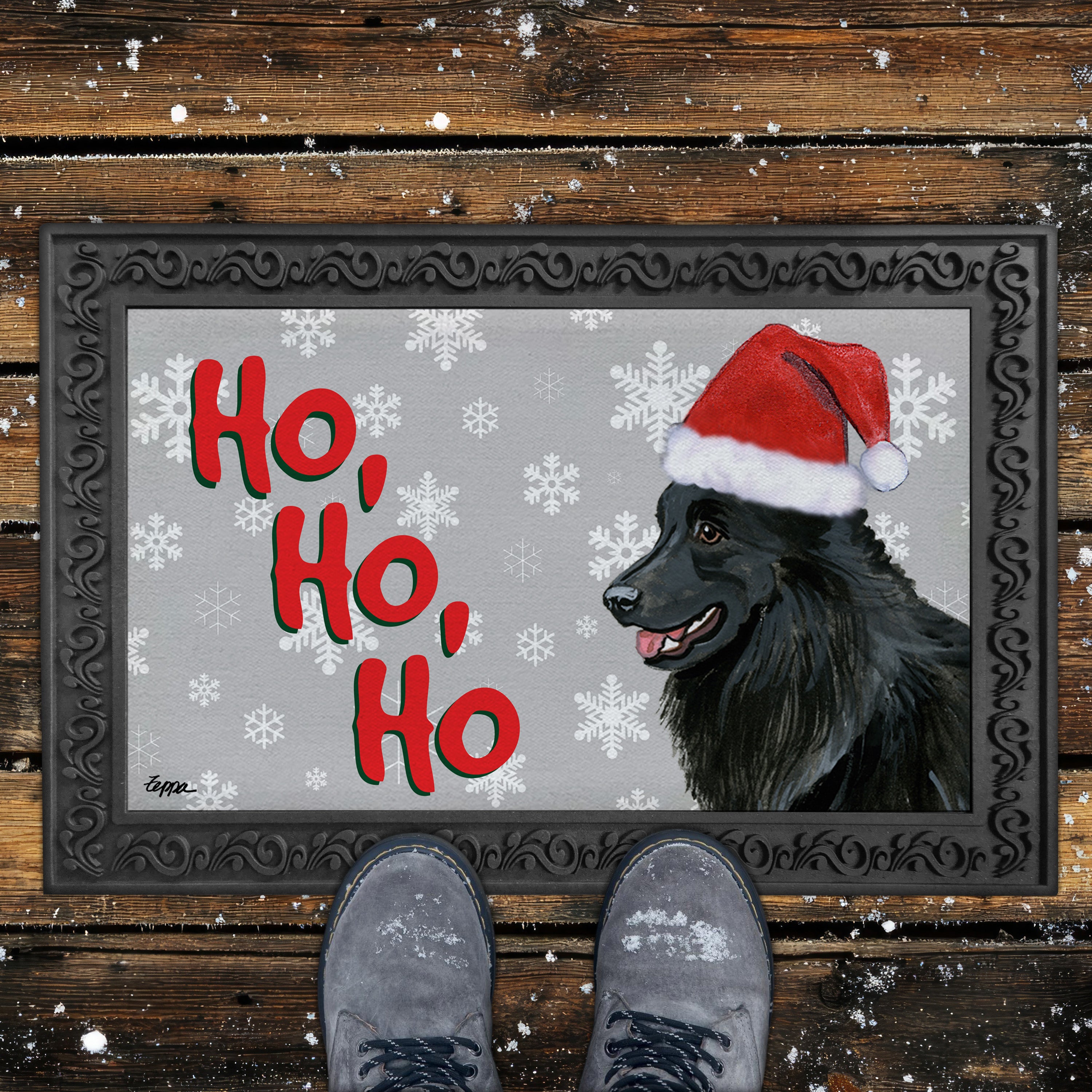 Belgian Shepherd Ho Ho Ho Door Mat in Grey