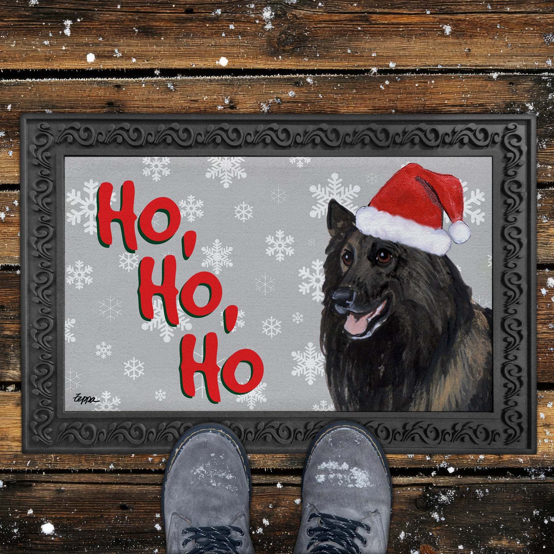 Belgian Tervuren Ho Ho Ho Door Mat in Grey