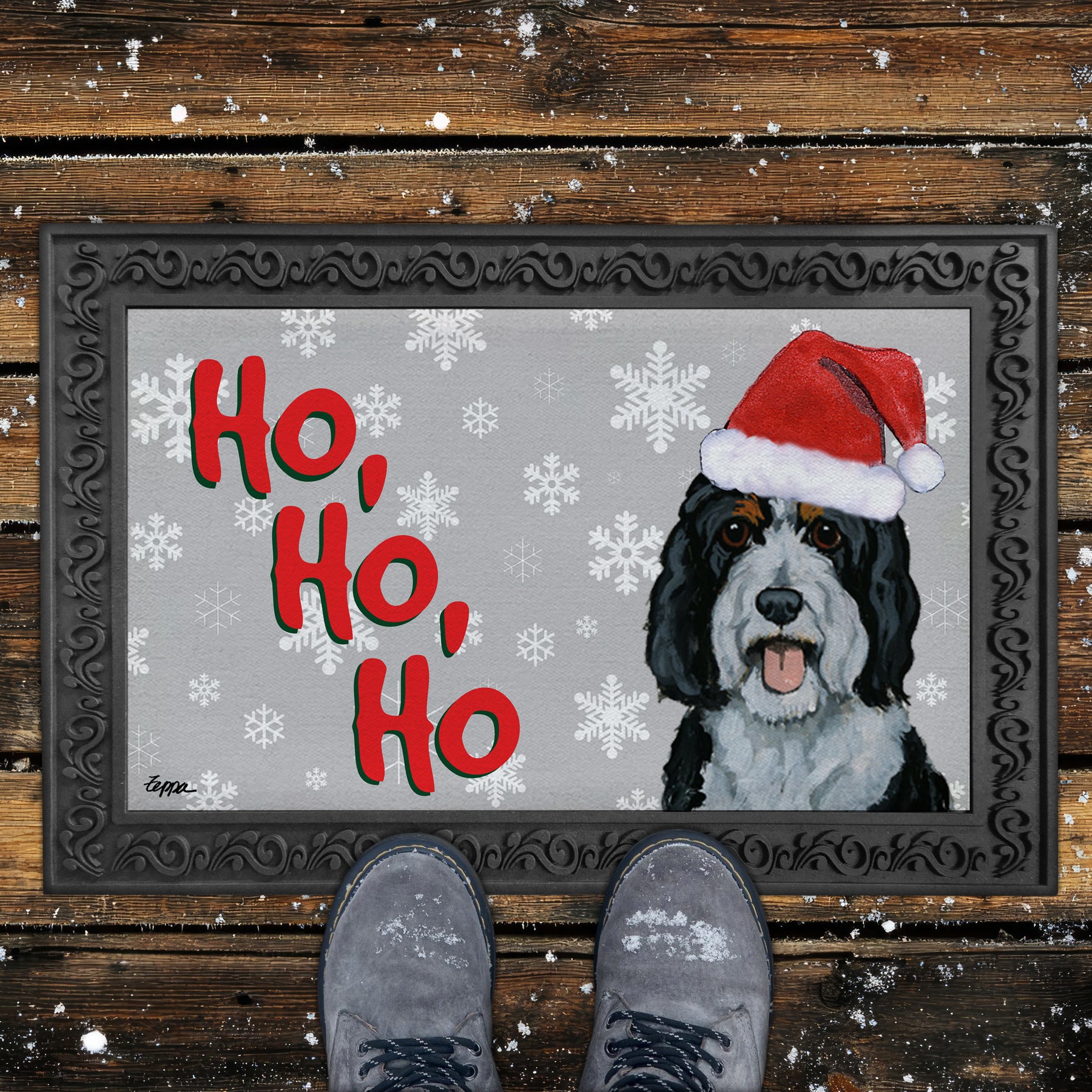 Bernedoodle Ho Ho Ho Door Mat in Grey