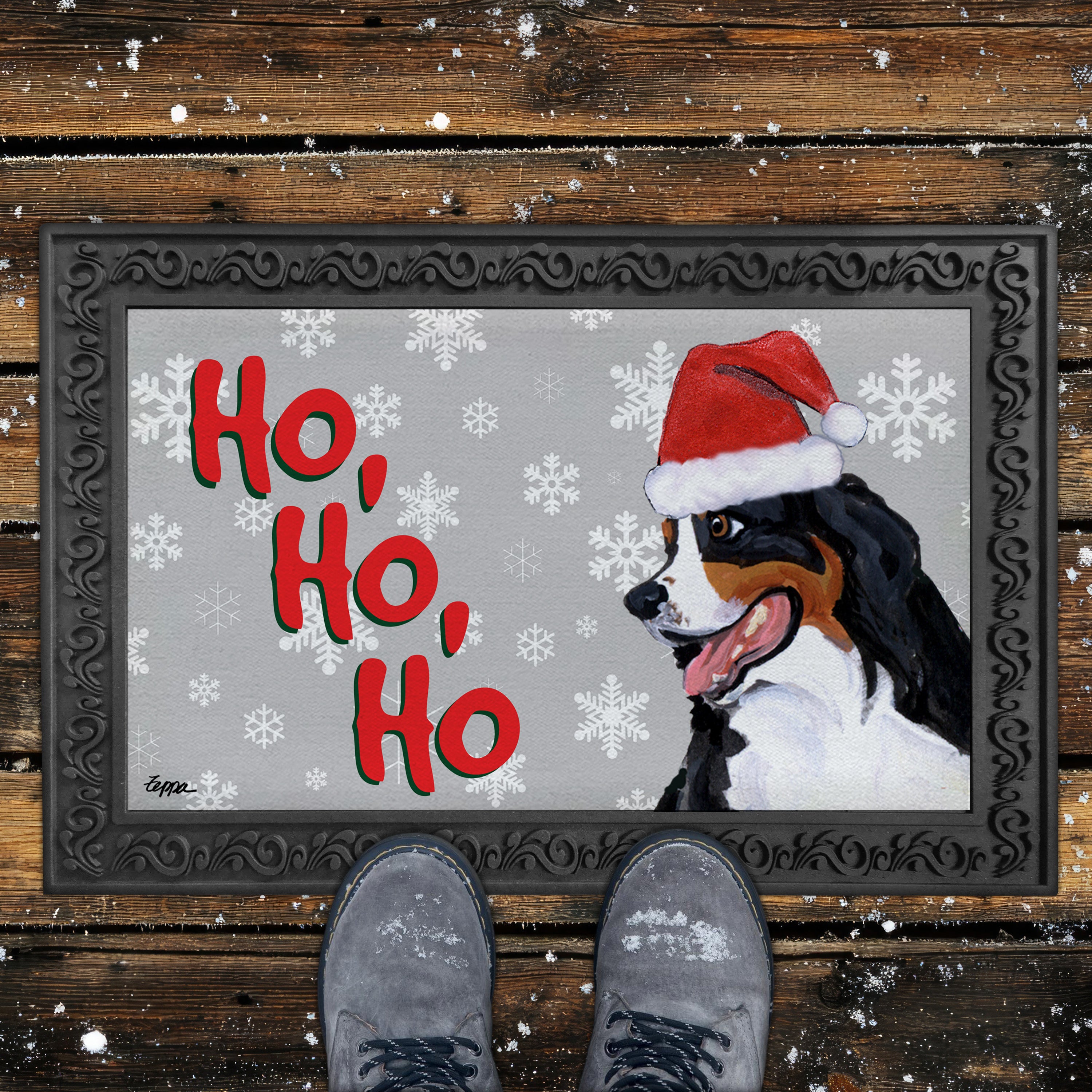 Bernese Mountain Dog Ho Ho Ho Door Mat in Grey