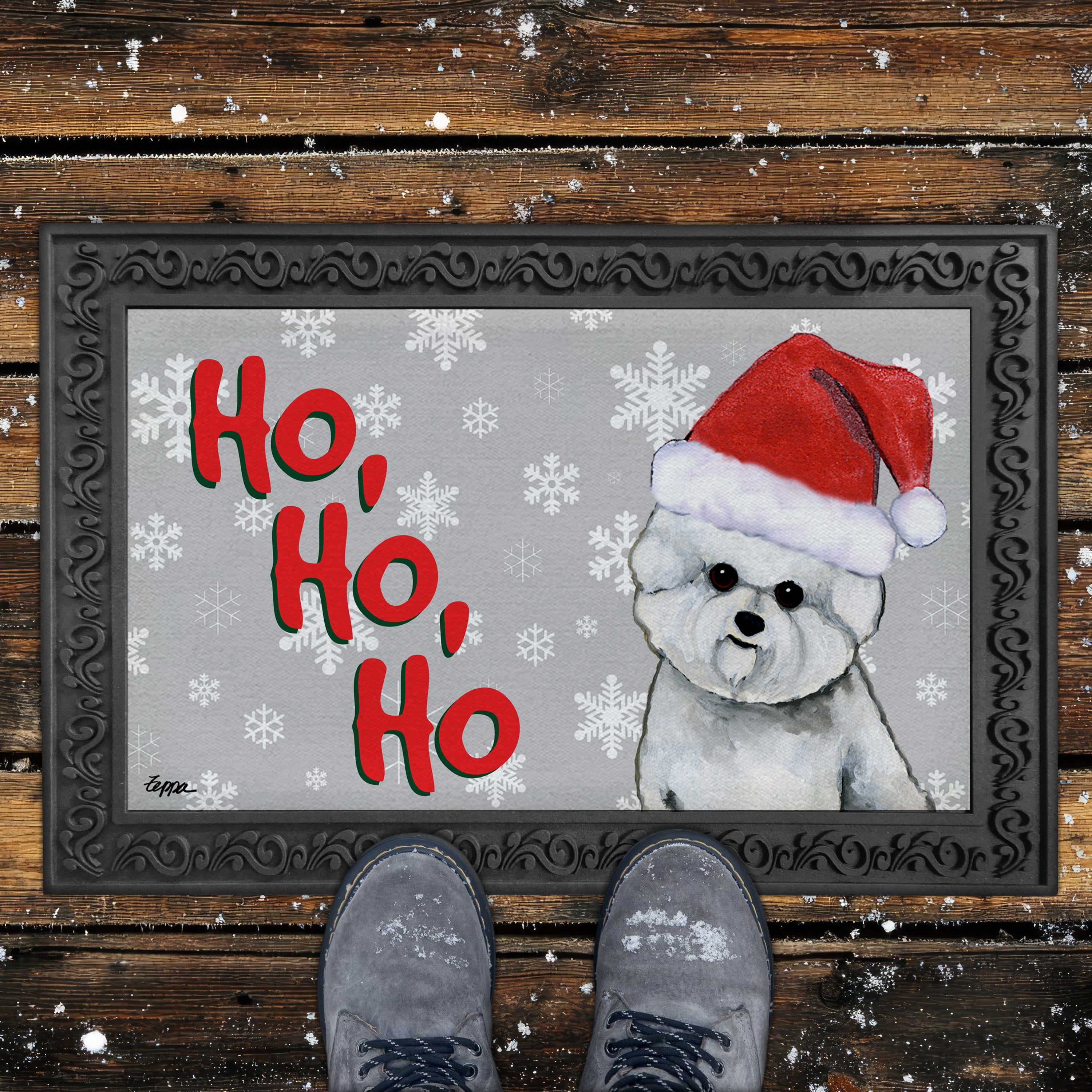 Bichon Frise Ho Ho Ho Door Mat in Grey