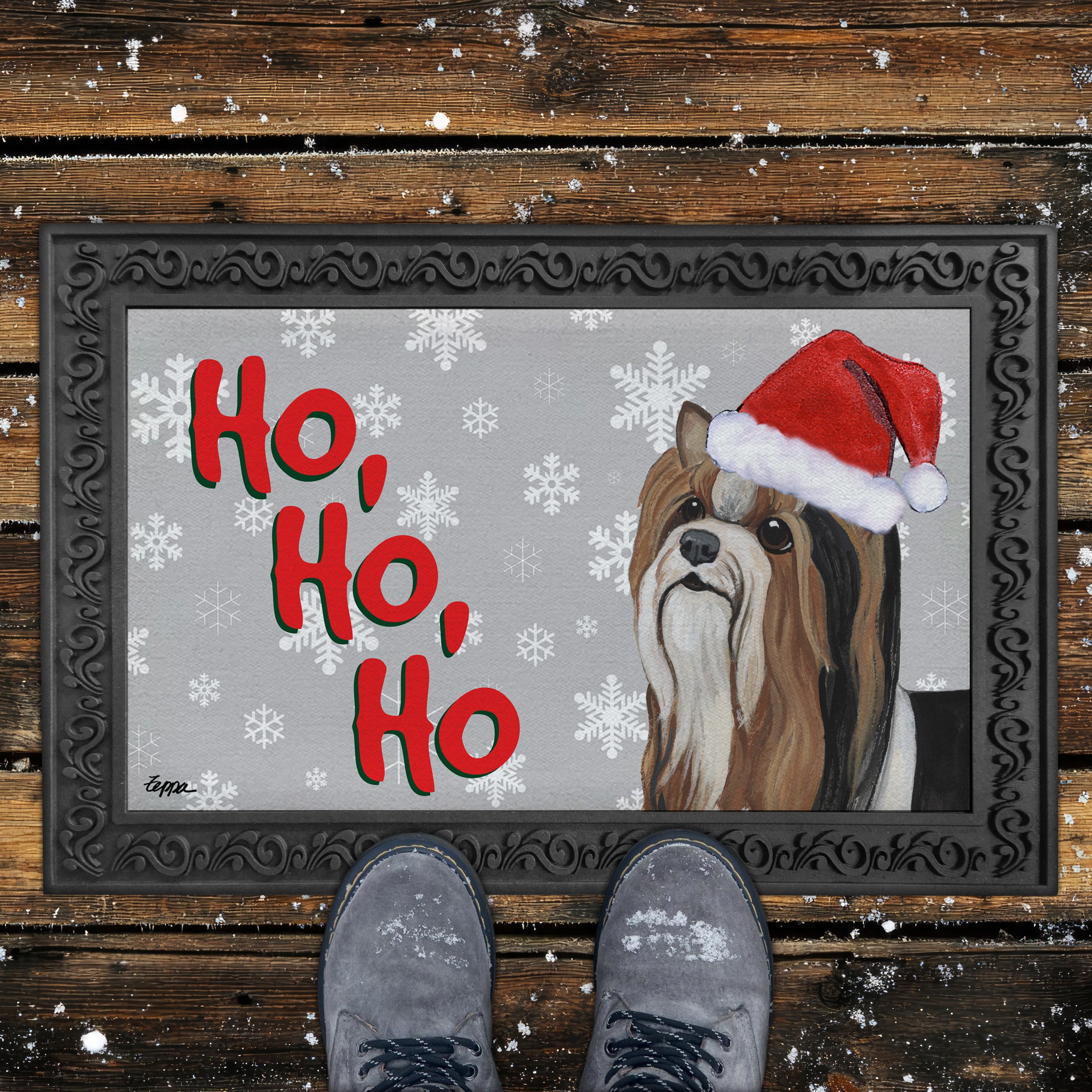Biewer Terrier Ho Ho Ho Door Mat in Grey