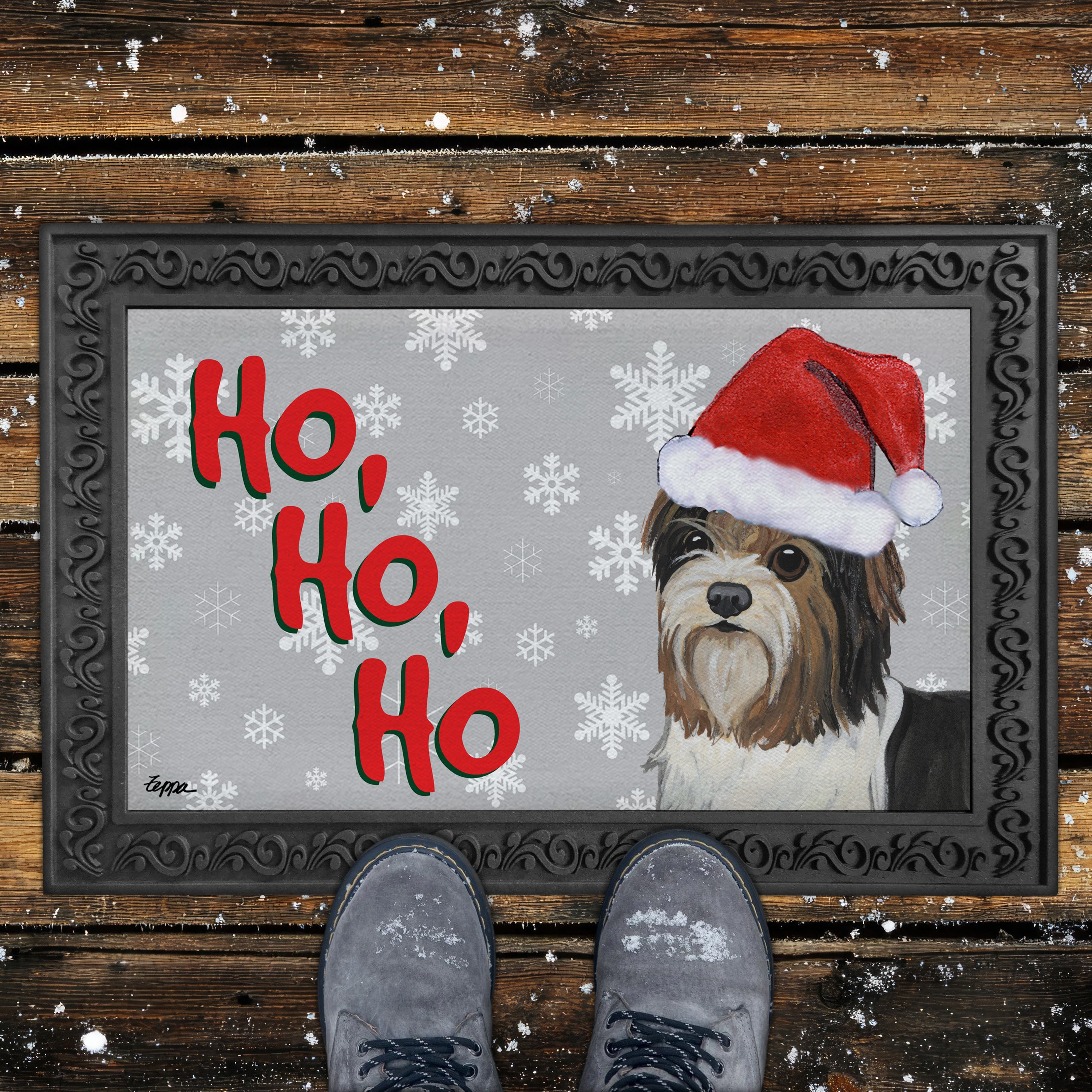 Puppy Clip Biewer Terrier Ho Ho Ho Door Mat in Grey