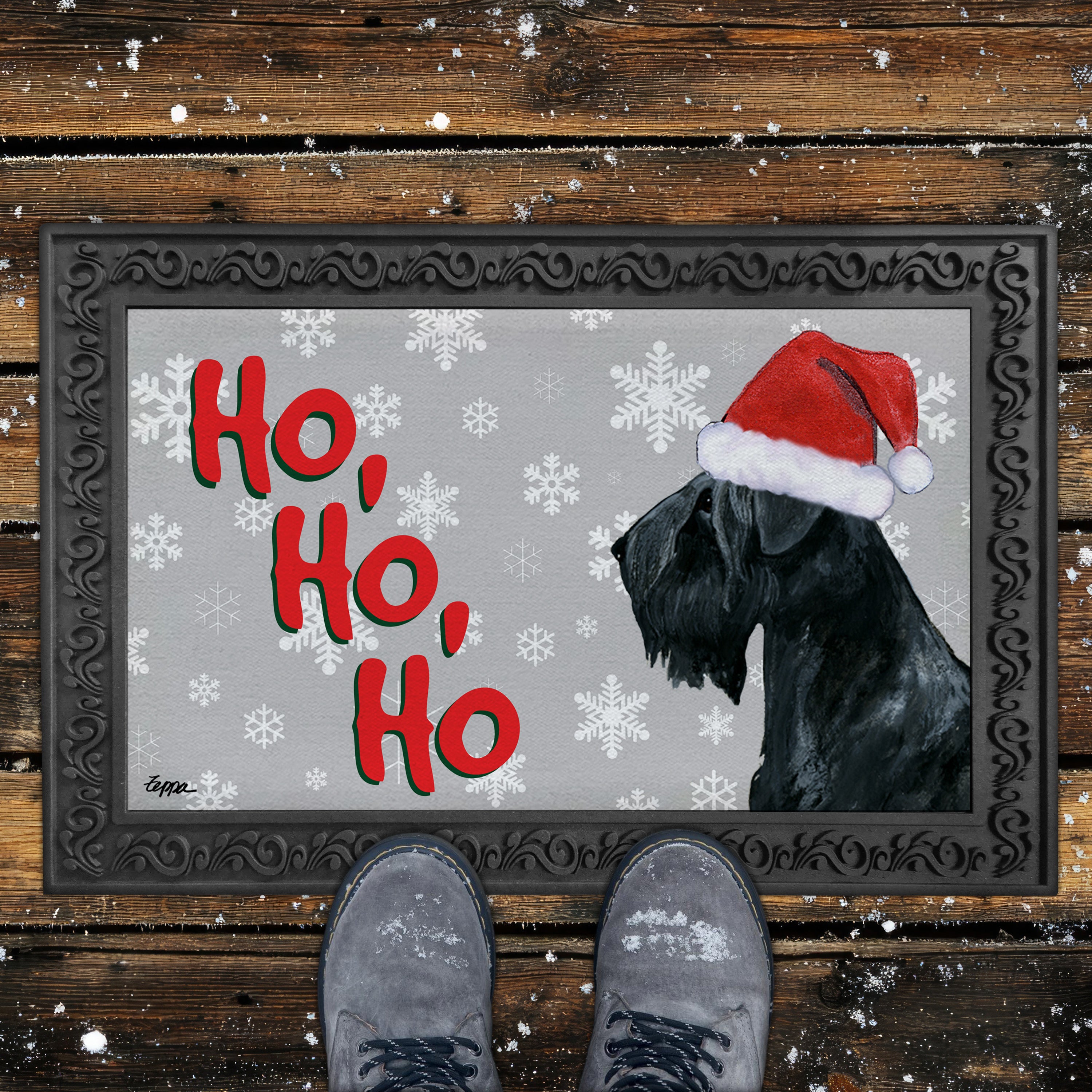 Black Russian Terrier Ho Ho Ho Door Mat in Grey