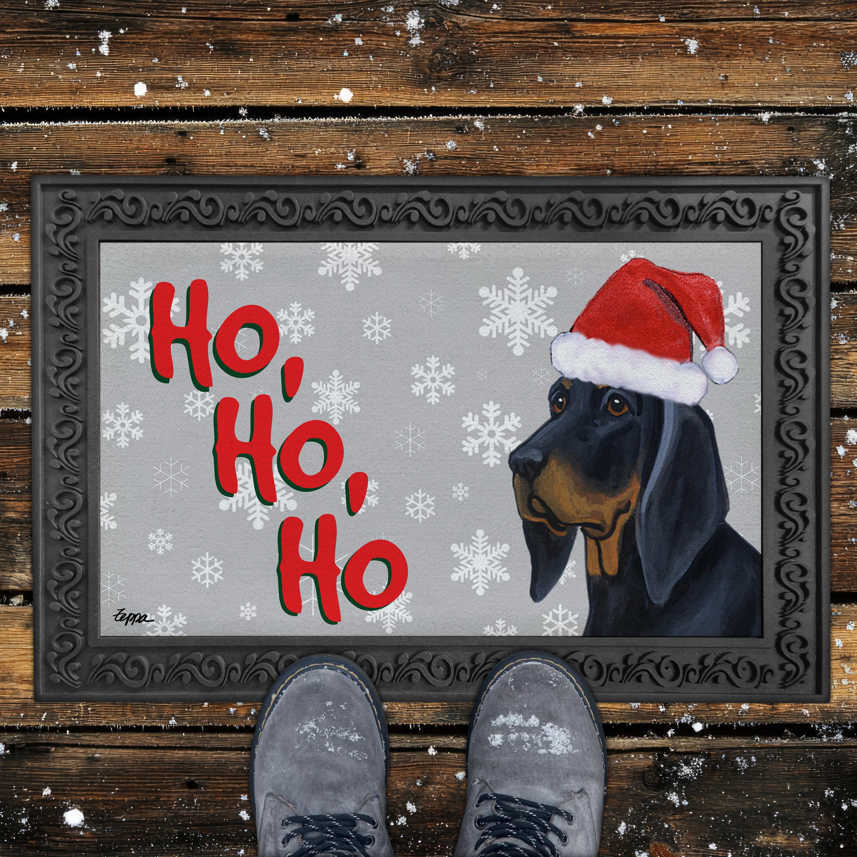 Black and Tan Coonhound Ho Ho Ho Door Mat in Gtrey