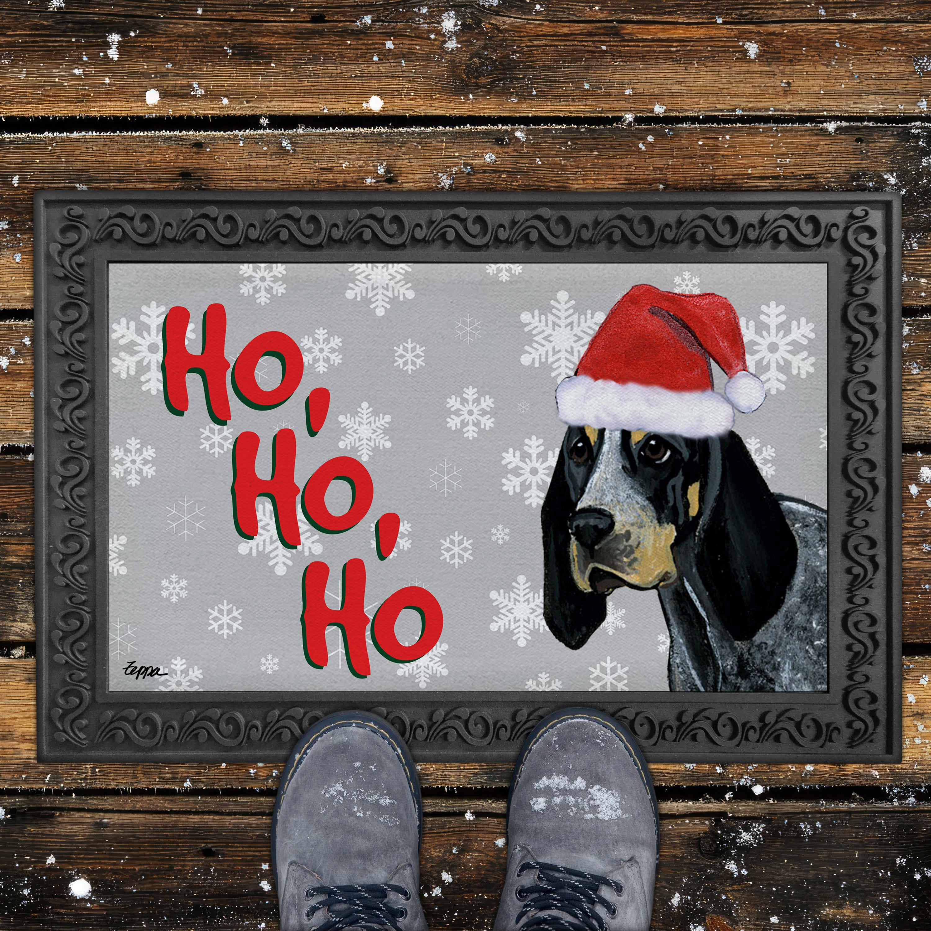 Bluetick Coonhound Ho Ho Ho Doormat in Grey