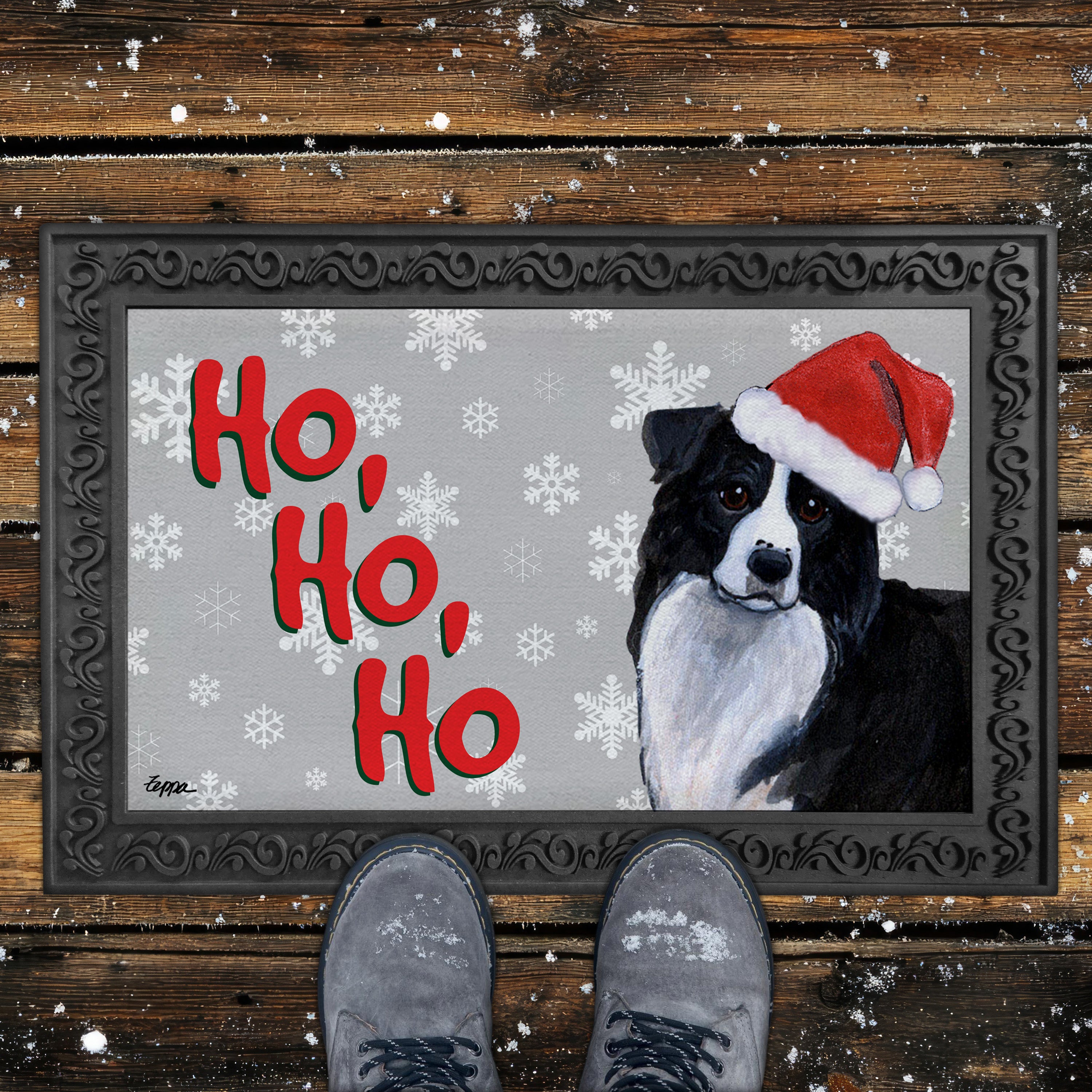 Border Collie Ho Ho Ho Door Mat in Grey