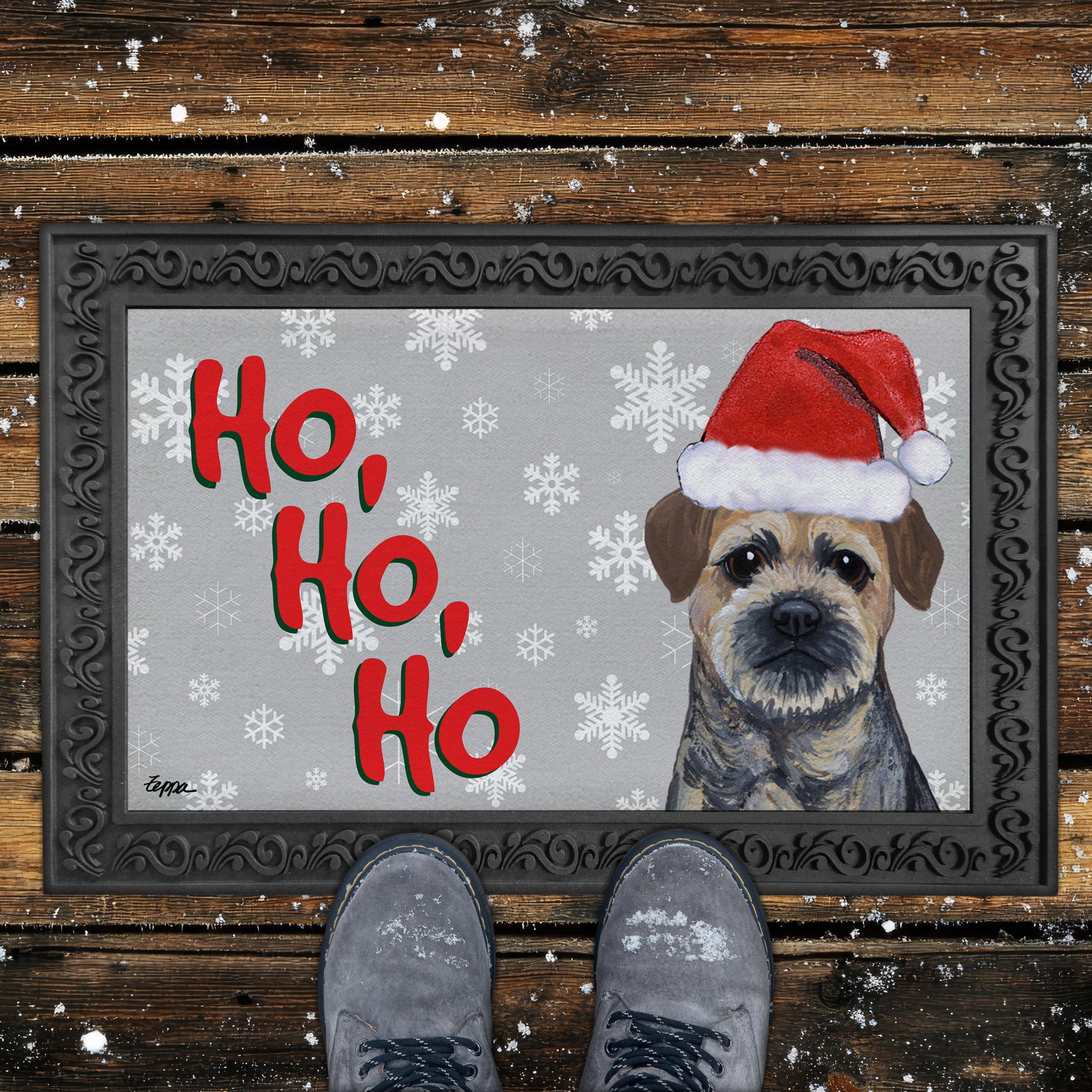 Border Terrier Ho Ho Ho Door Mat in Grey