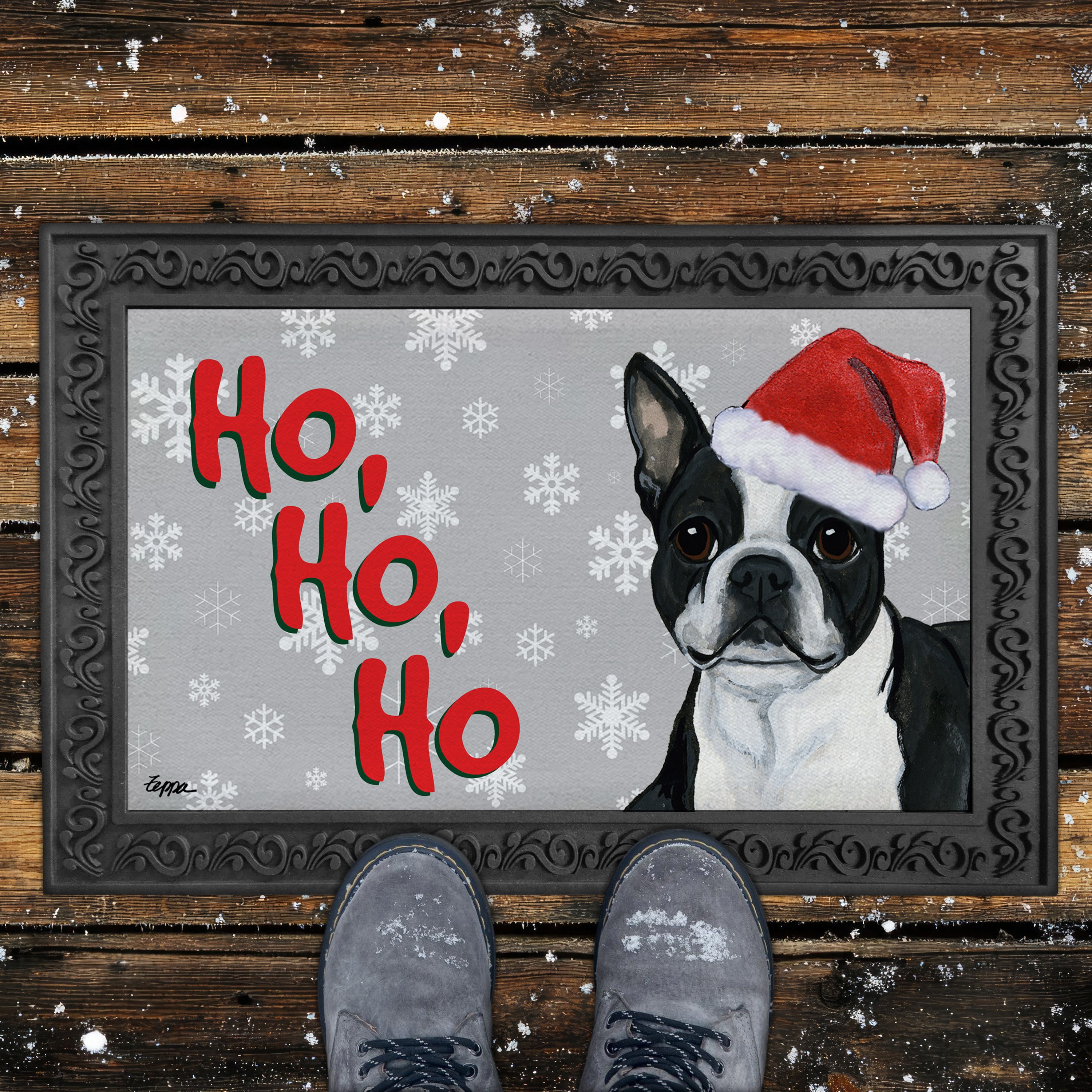 Lying Boston Terrier Ho Ho Ho Door Mat in Grey