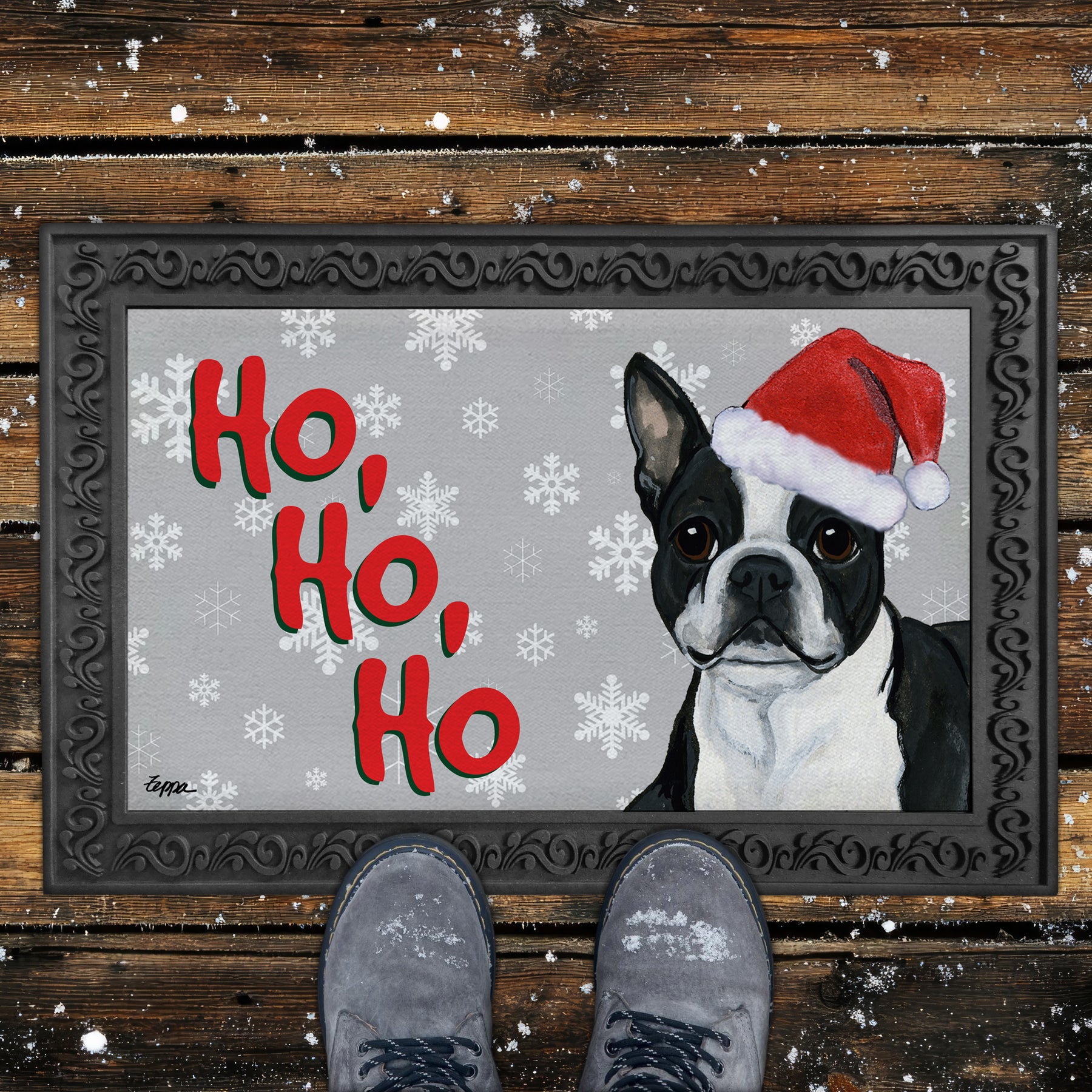 Lying Boston Terrier Ho Ho Ho Door Mat in Grey