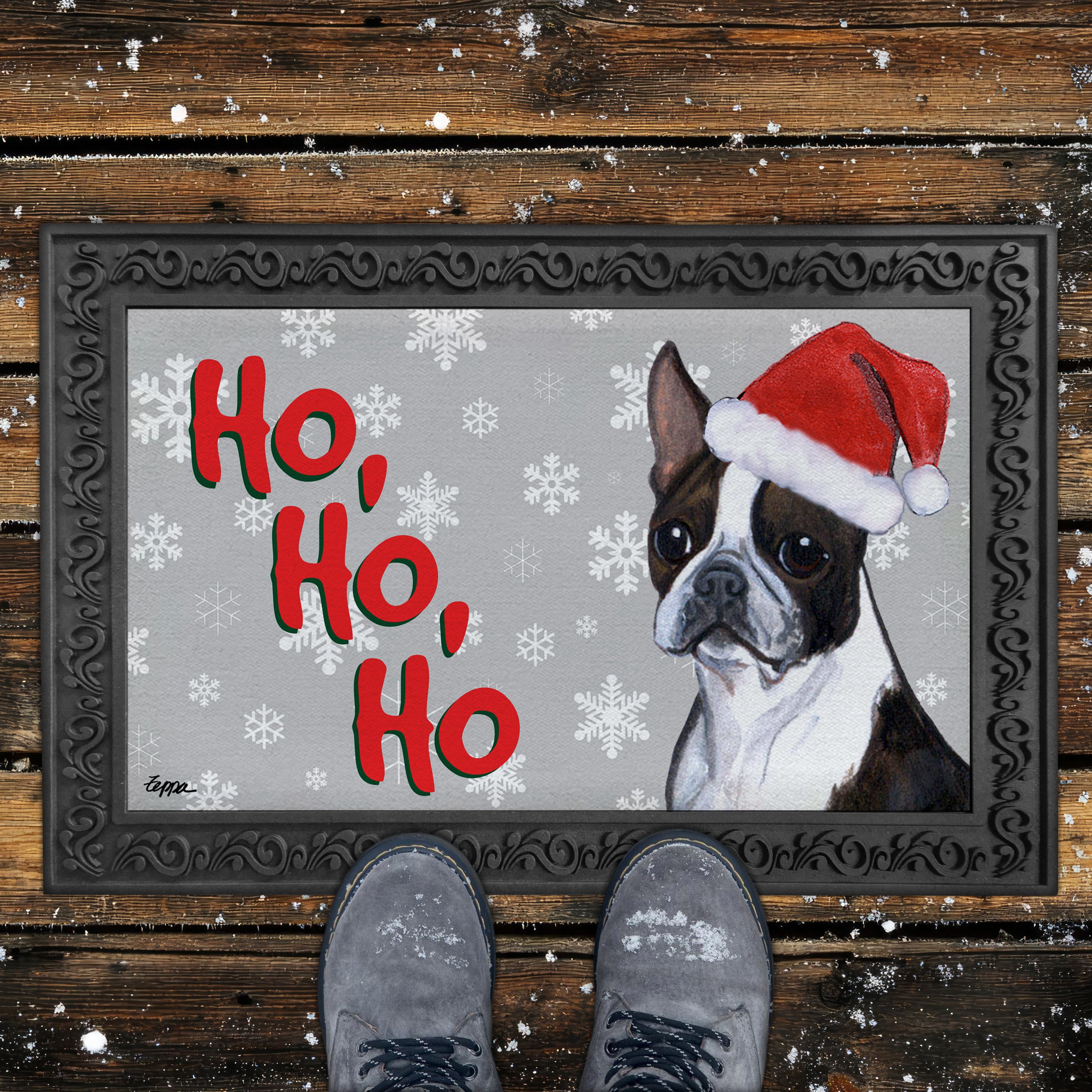 Boston Terrier Ho Ho Ho Door Mat in Grey