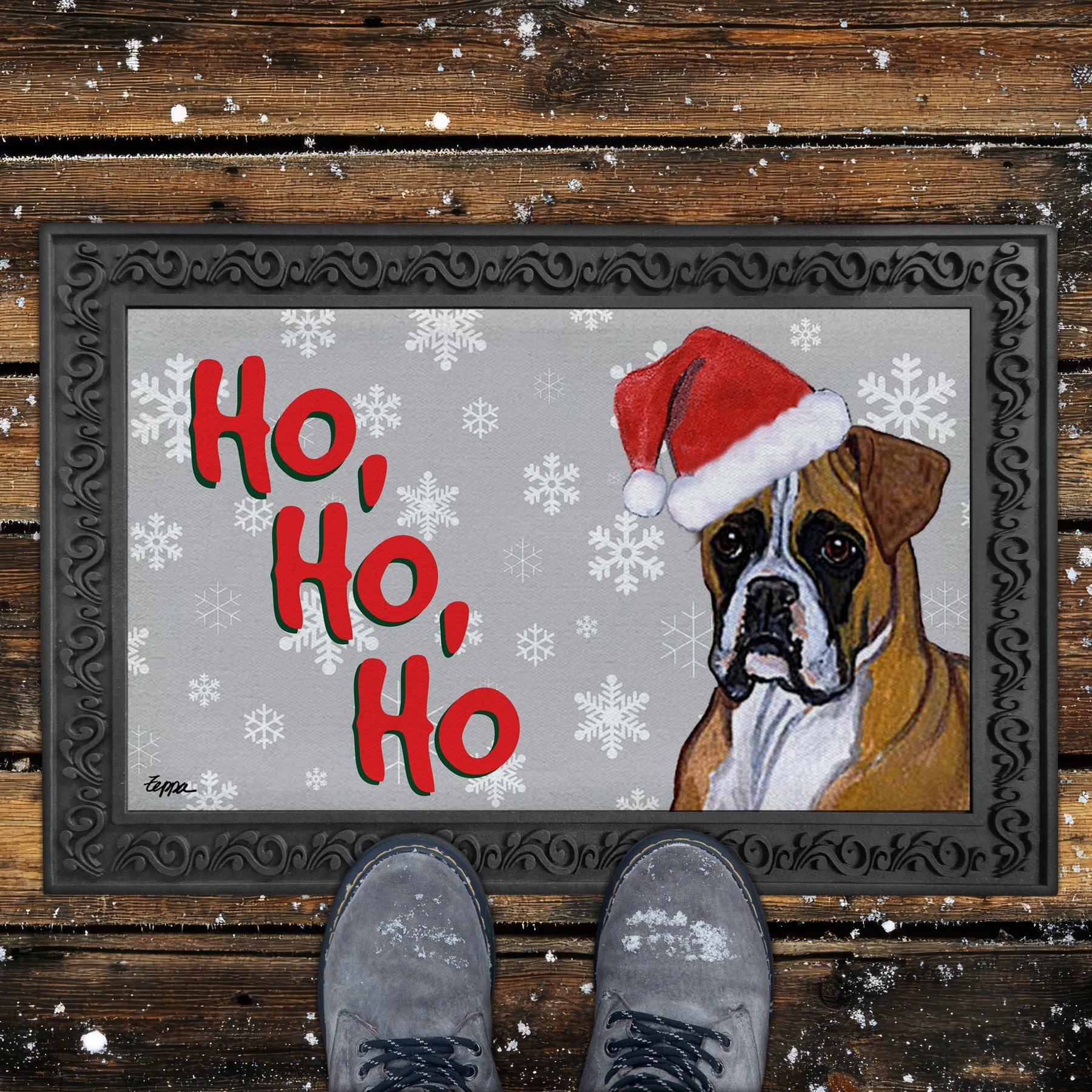 Uncropped Boxer Ho Ho Ho Door Mat in Grey