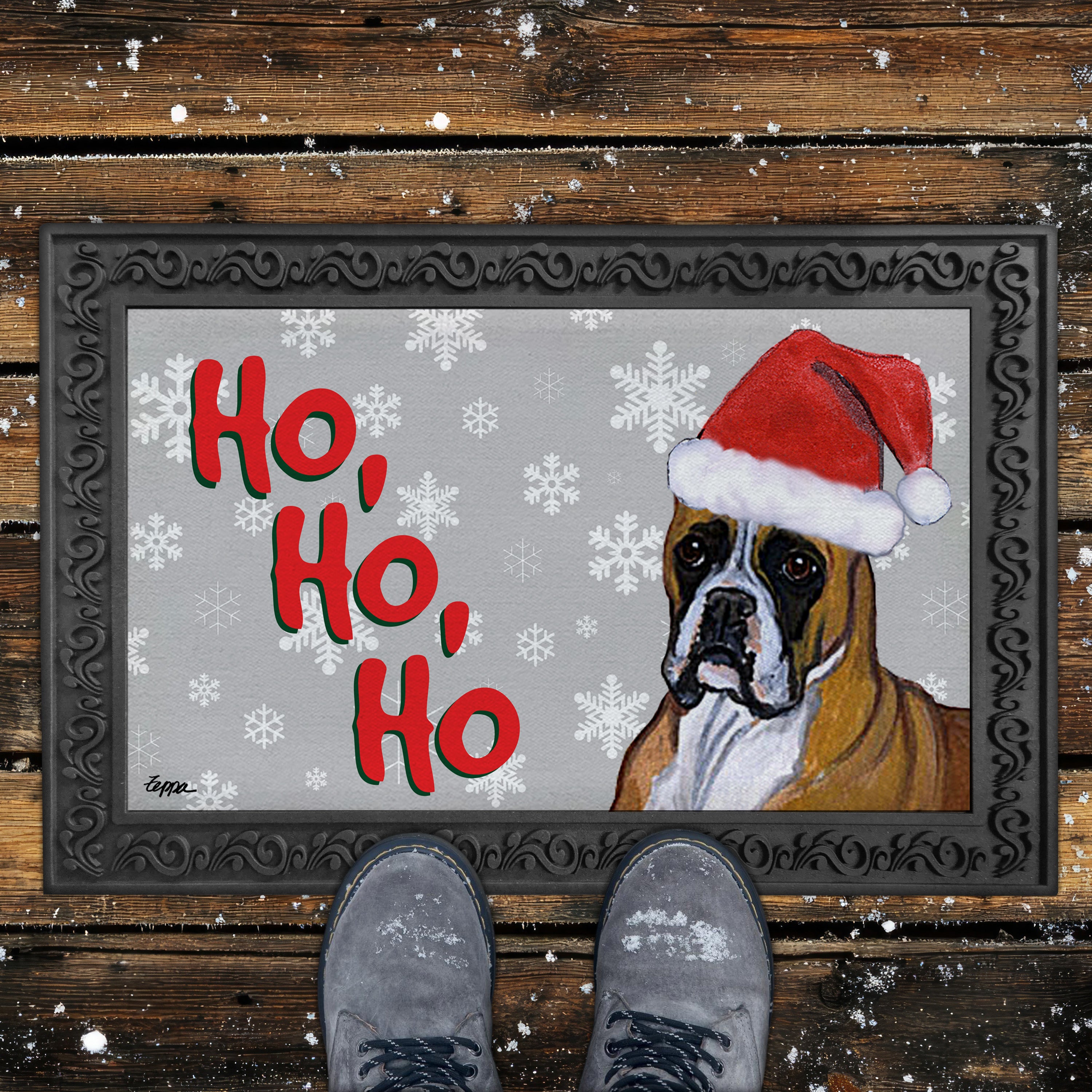 Boxer Ho Ho Ho Door Mat in Grey