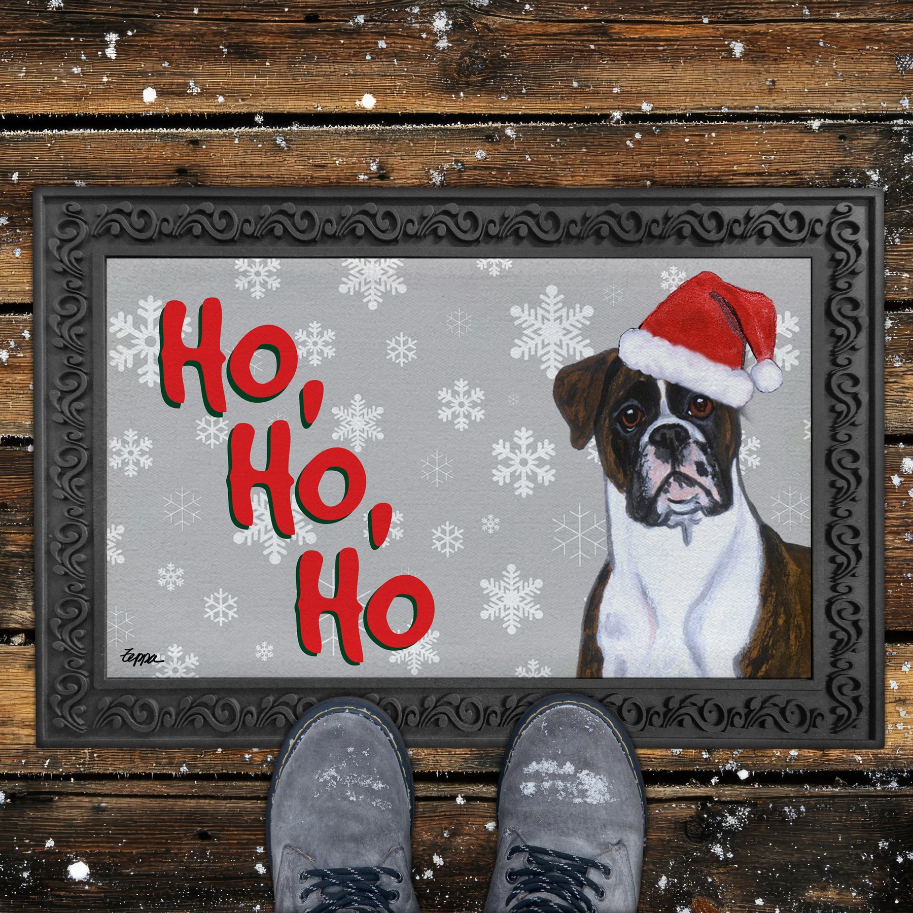 Brindle Uncropped Boxer Ho Ho Ho Door Mat in Grey
