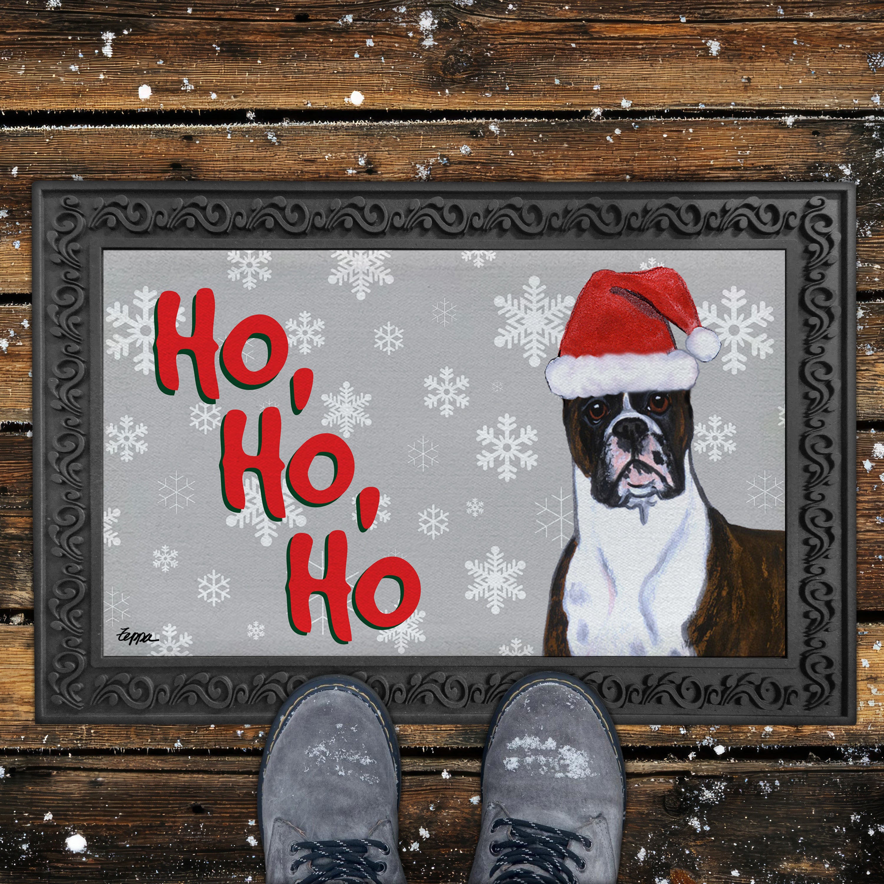 Brindle Boxer Ho Ho Ho Door Mat in Grey