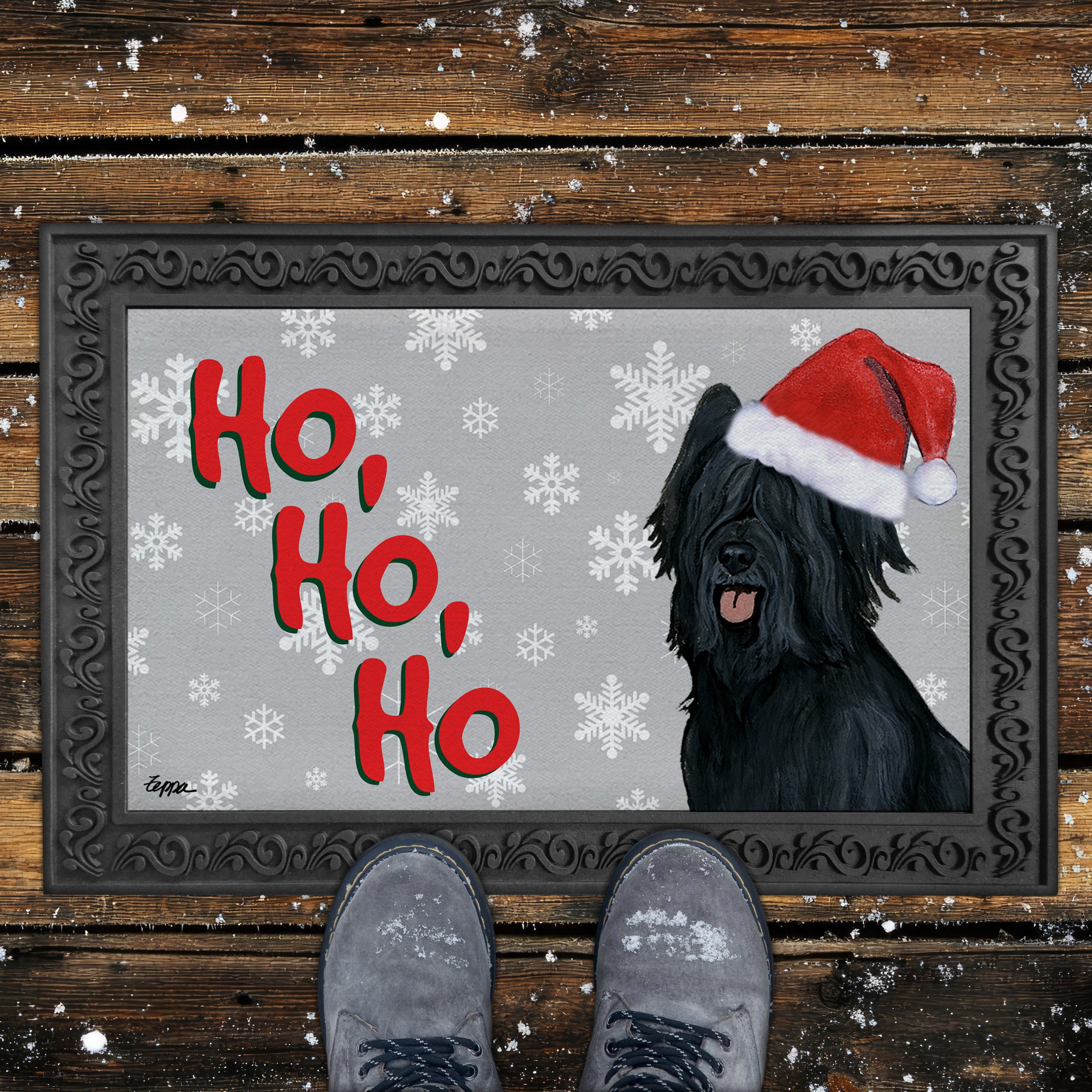 Black Briard Ho Ho Ho Door Mat in Grey