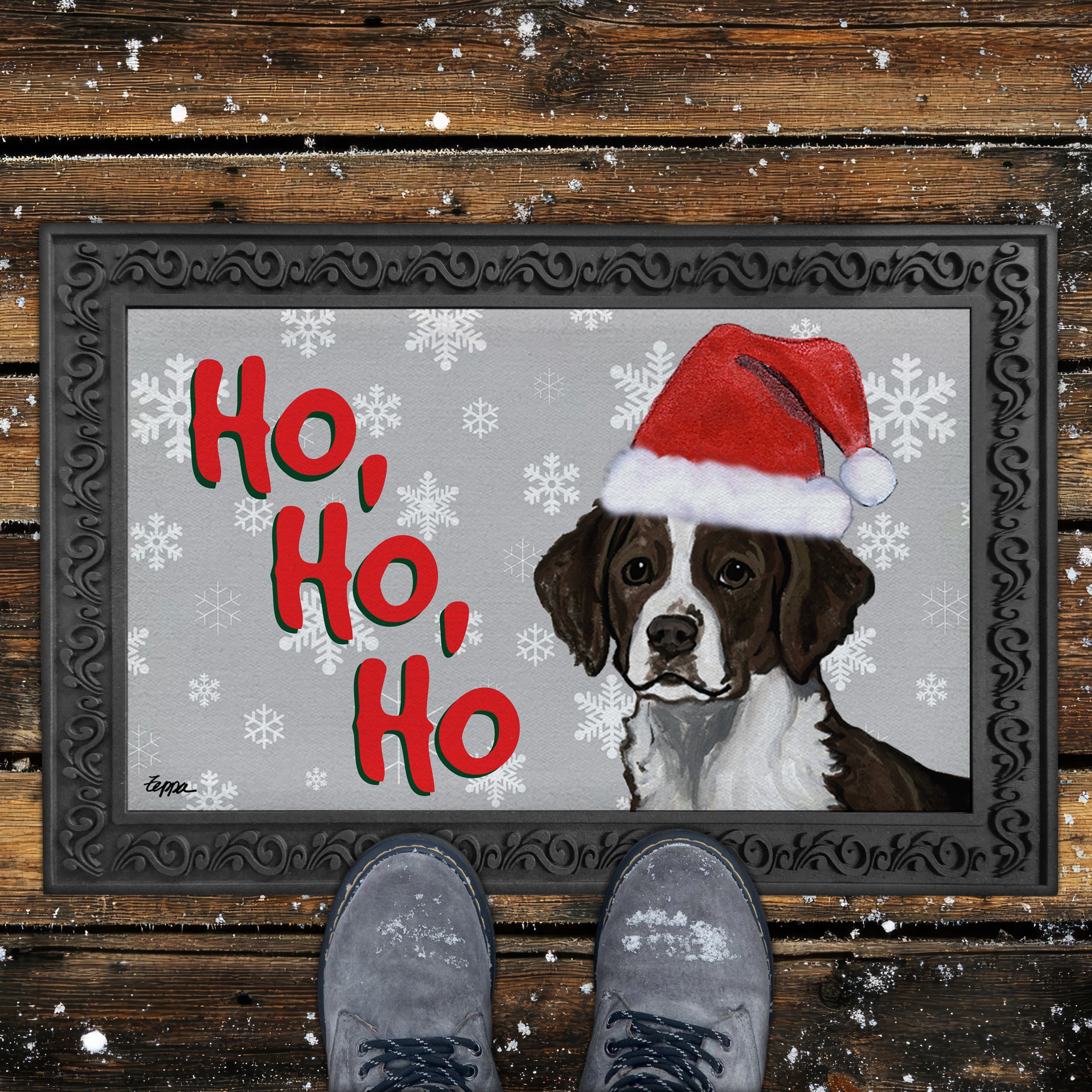 Liver and White Brittany Ho Ho Ho Door Mat in Grey