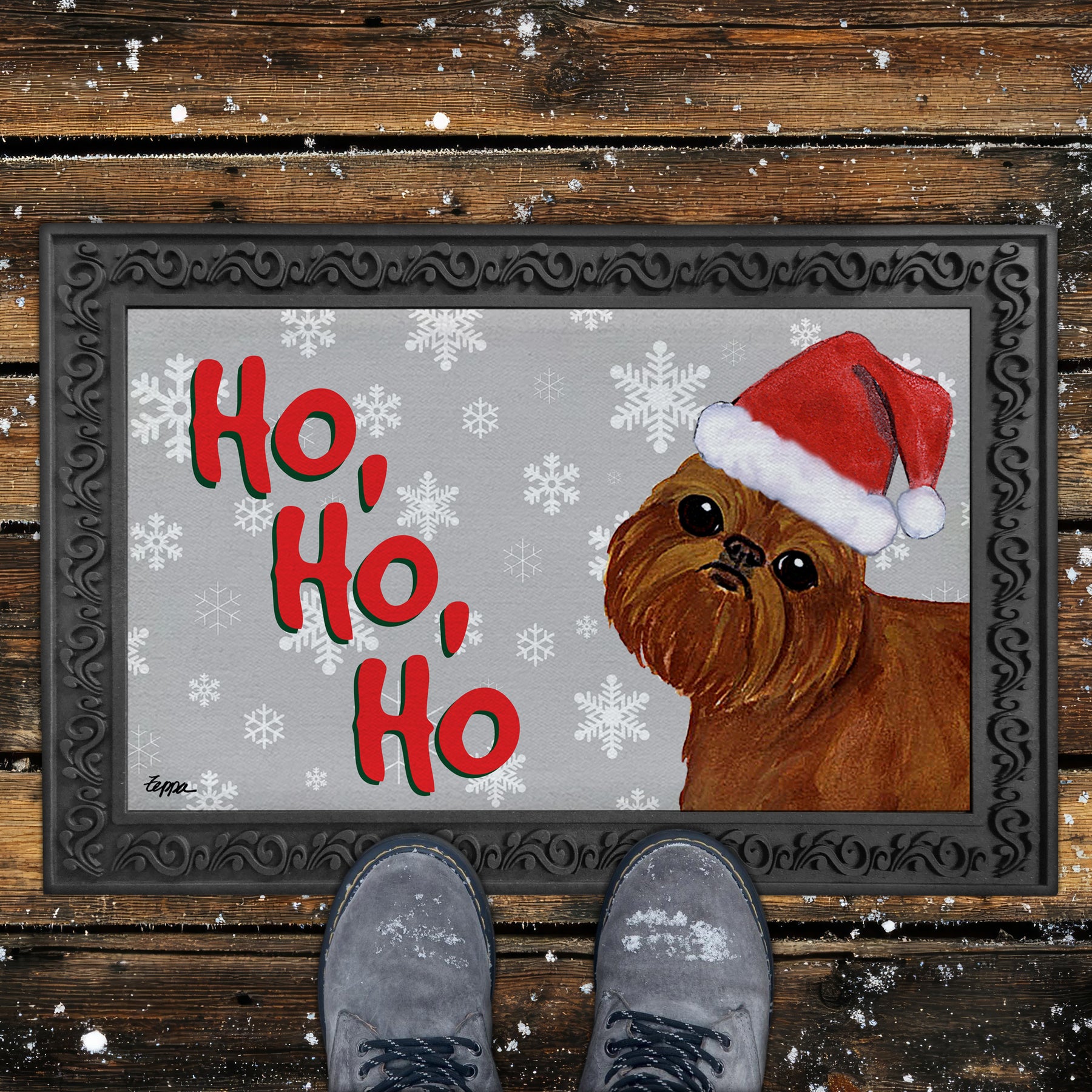 Brussels Griffon Ho Ho Ho Door Mat in Grey