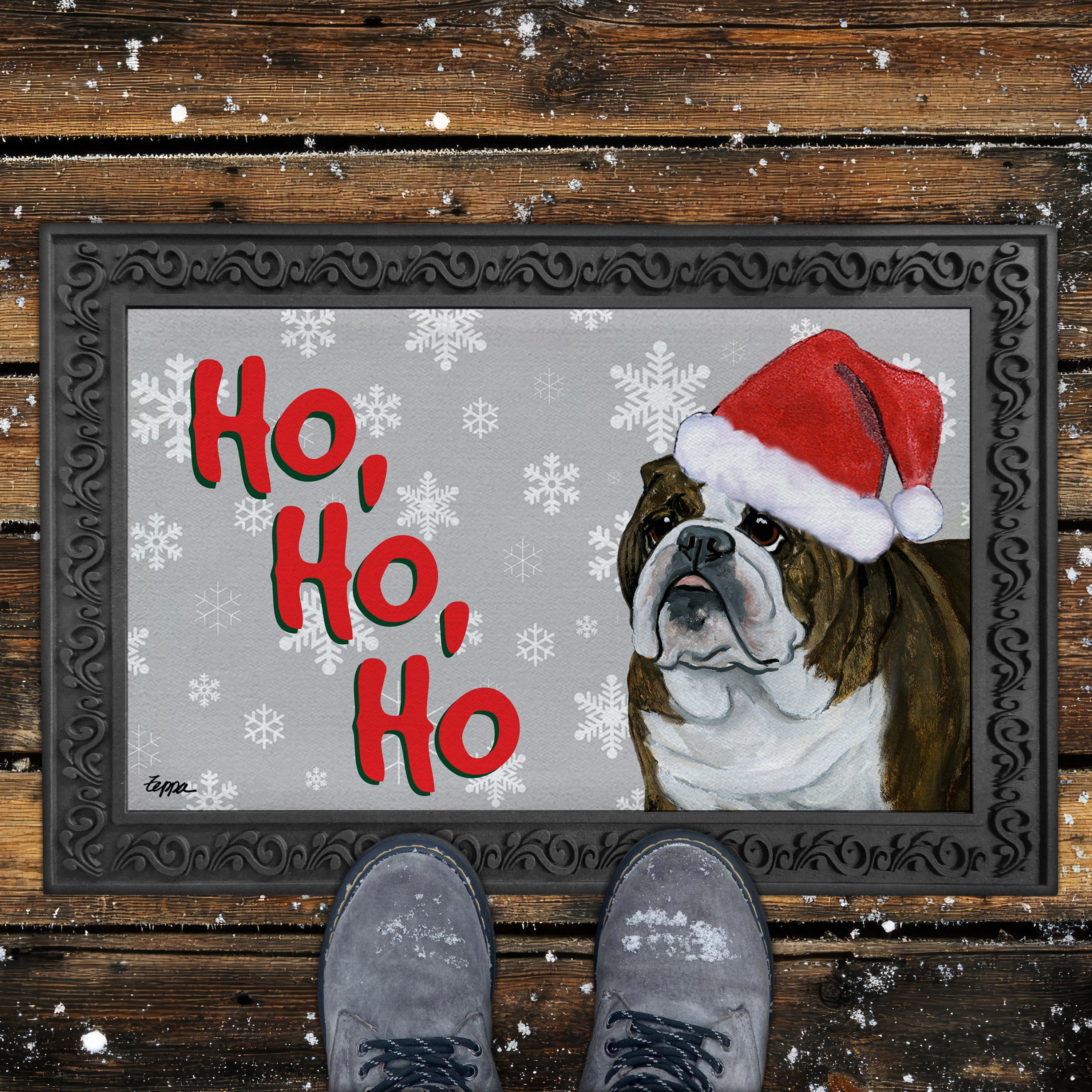 Bulldog Ho Ho Ho Door Mat in Grey