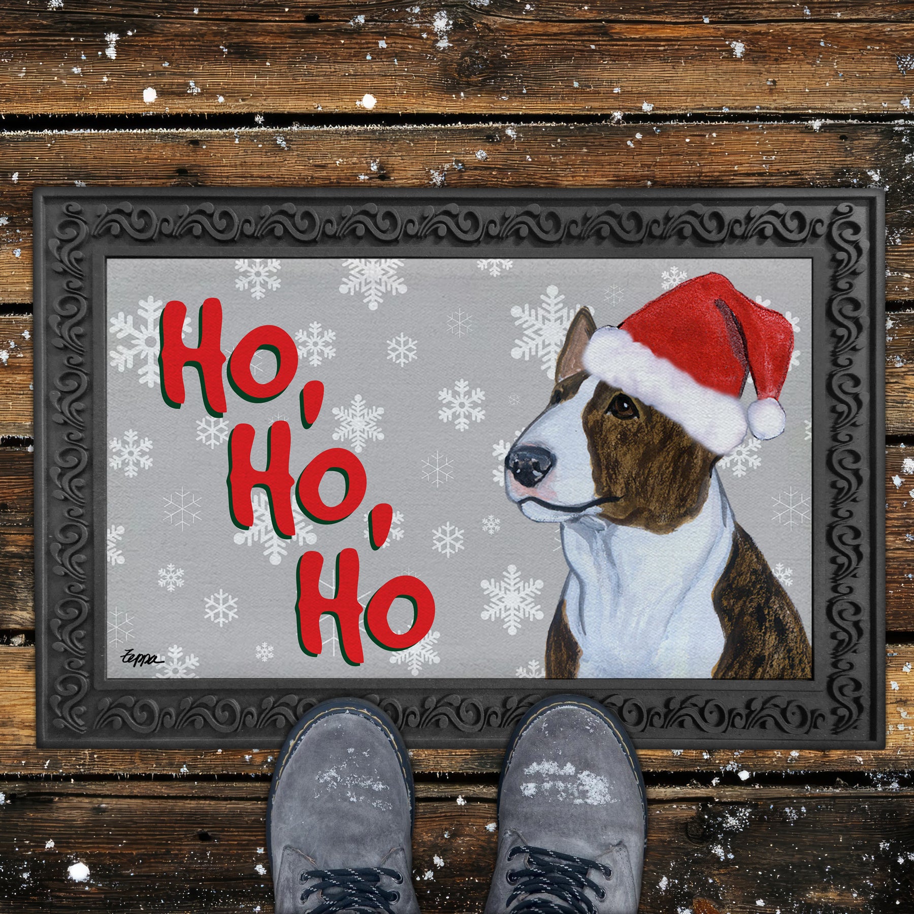 Brindle and White Bull Terrier Ho Ho Ho Door Mat in Grey