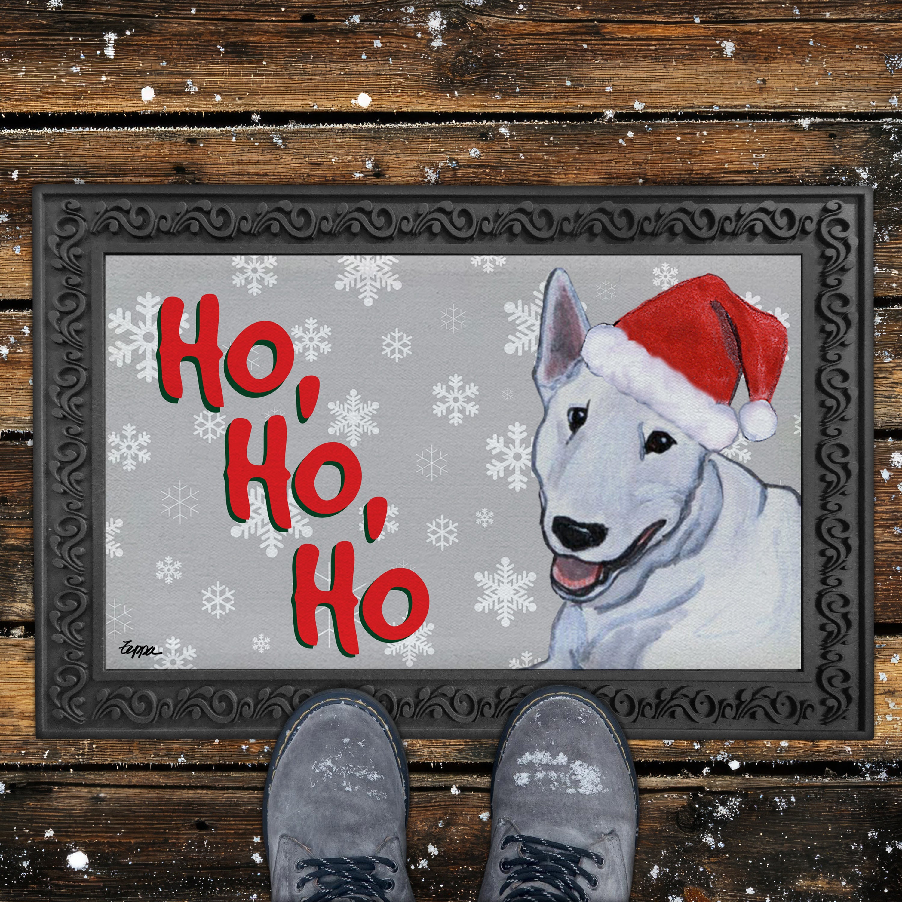 Bull Terrier Ho Ho Ho Door Mat in Grey
