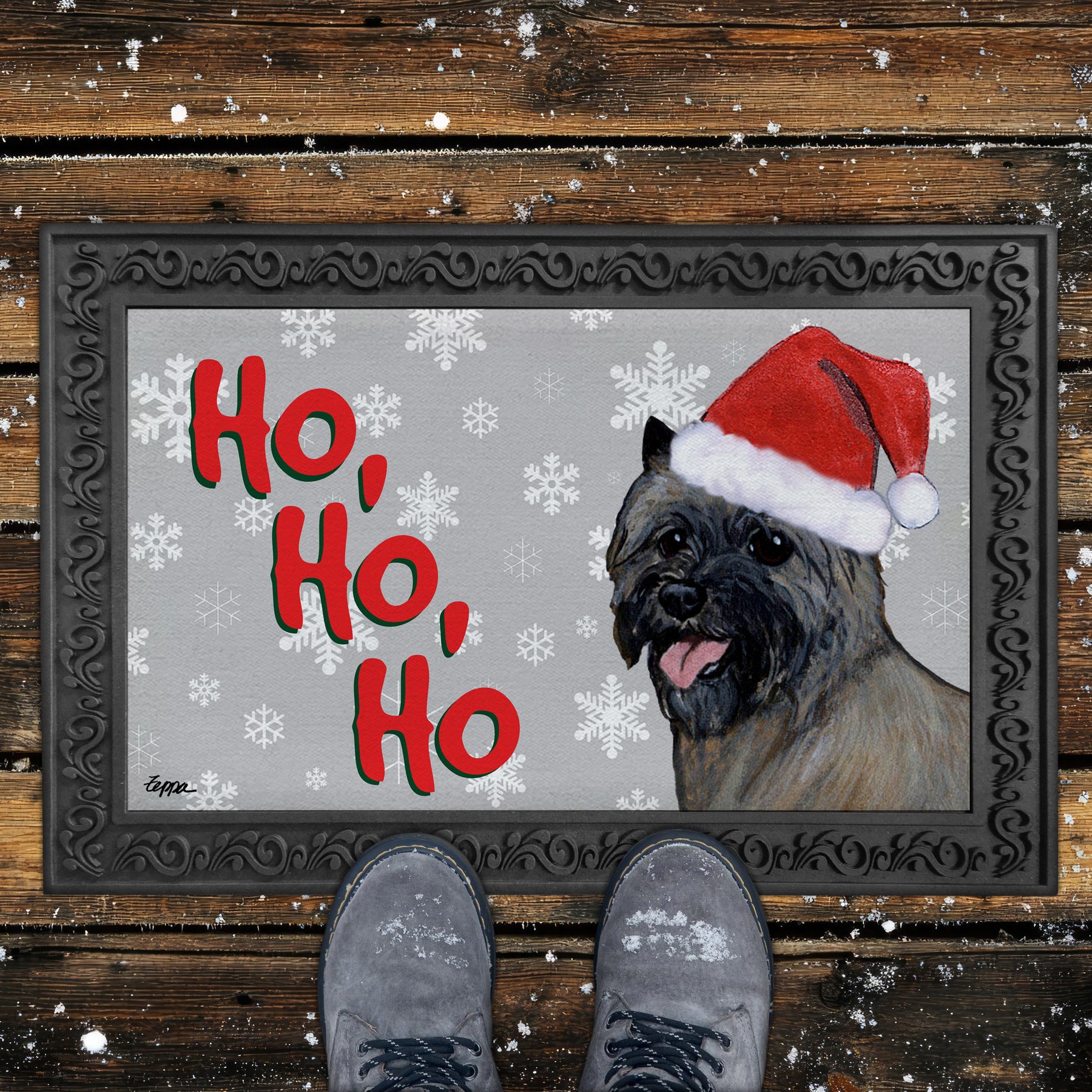 Cairn Terrier Ho Ho Ho Door Mat in Grey