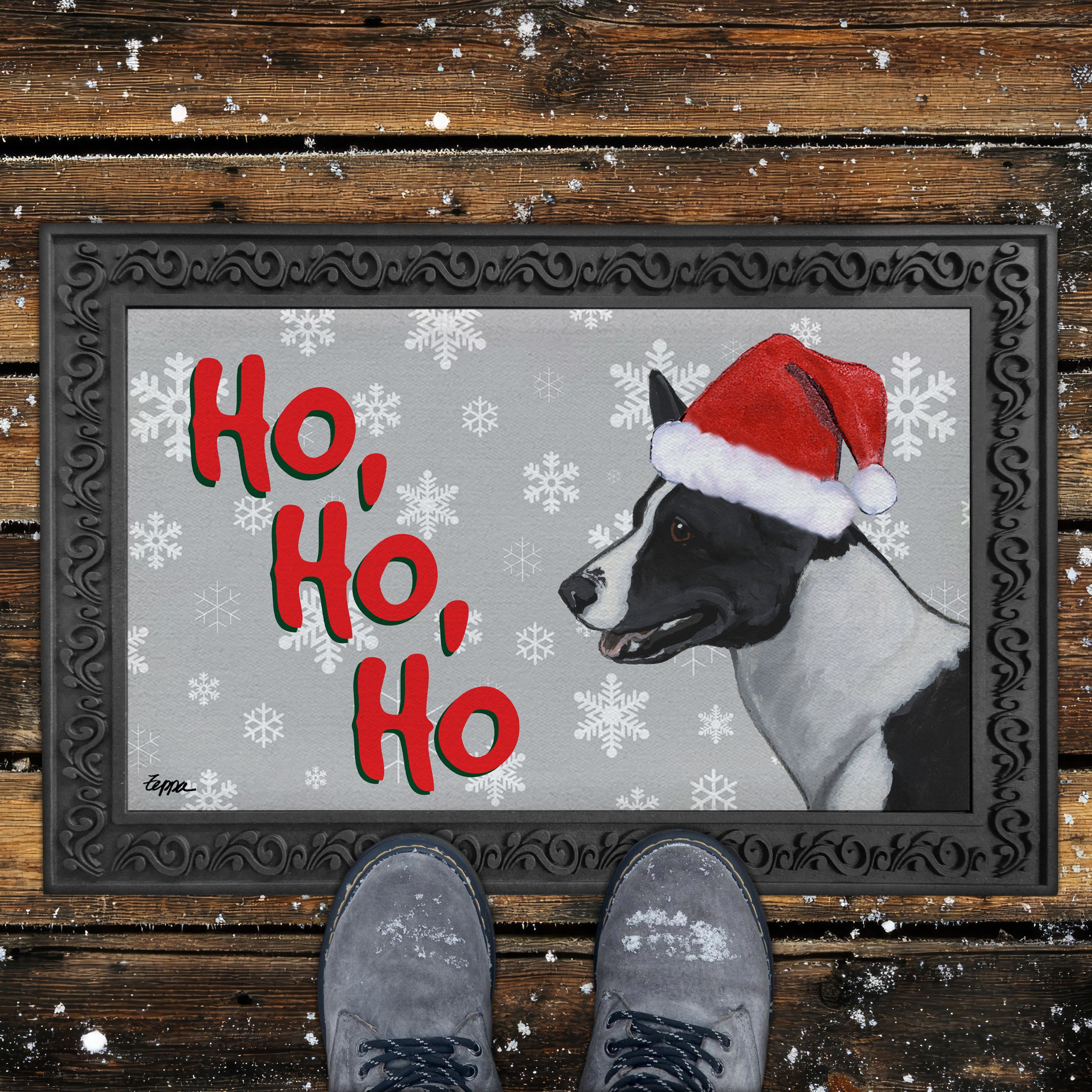 Canaan Dog Ho Ho Ho Door Mat in Grey